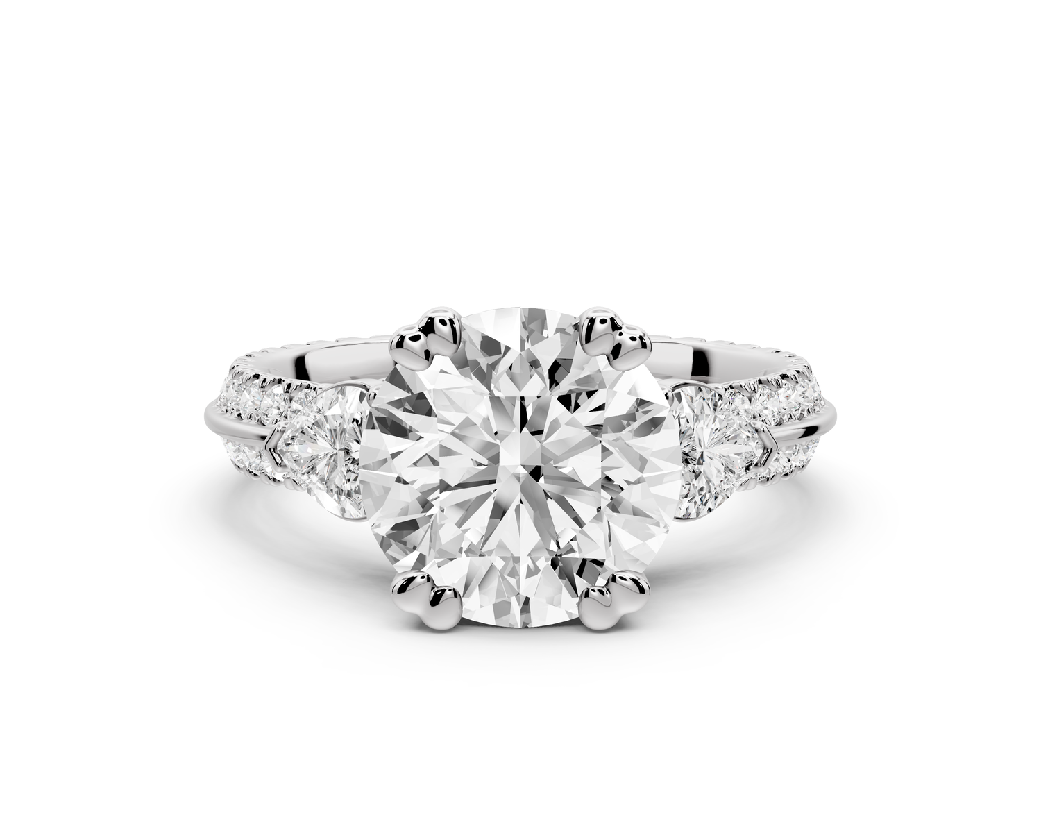 Elinor - 2ct 14k white gold pear diamond Double talon prongs with two heart side stones and rollover pavé engagement ring