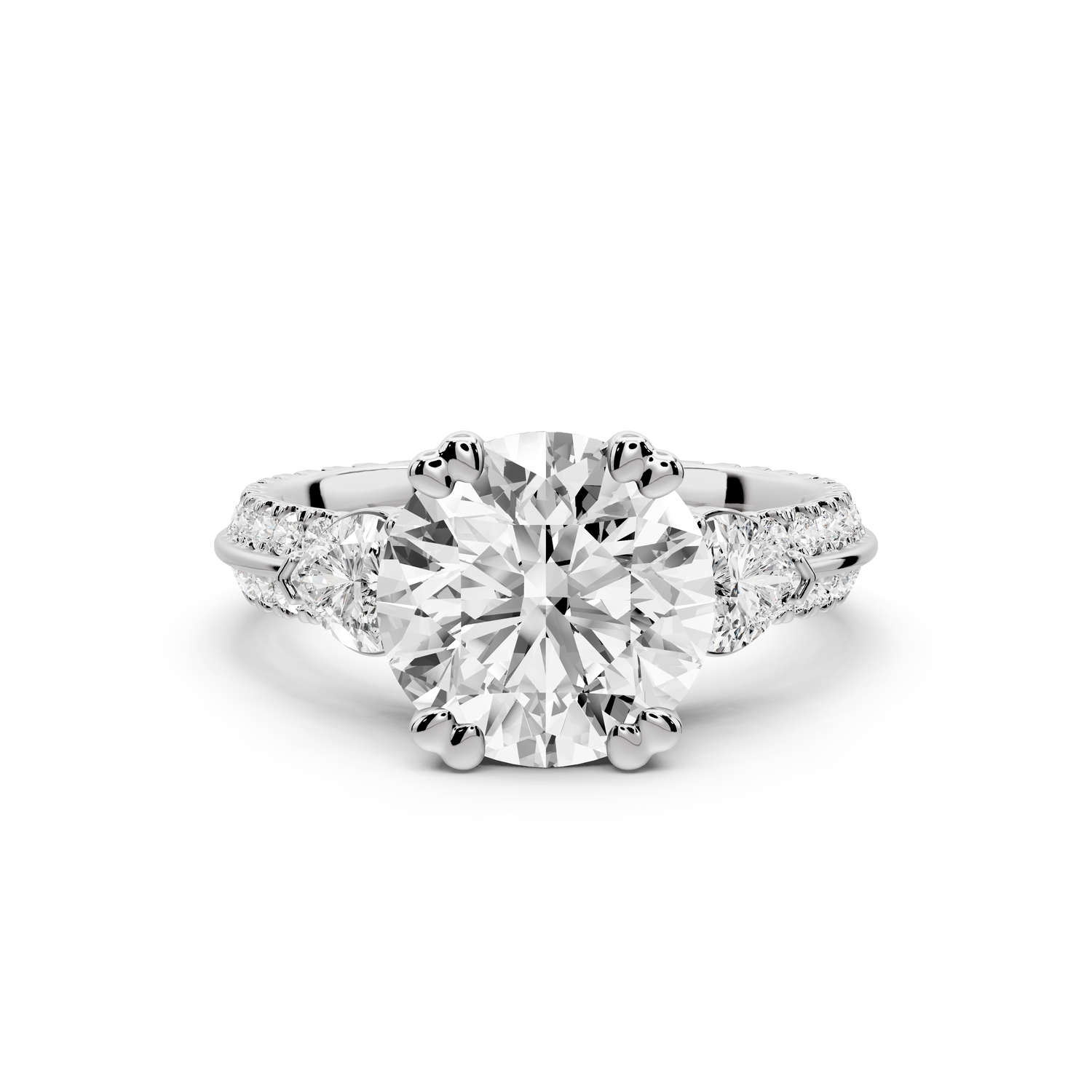 Elinor - 2ct 14k white gold pear diamond Double talon prongs with two heart side stones and rollover pavé engagement ring