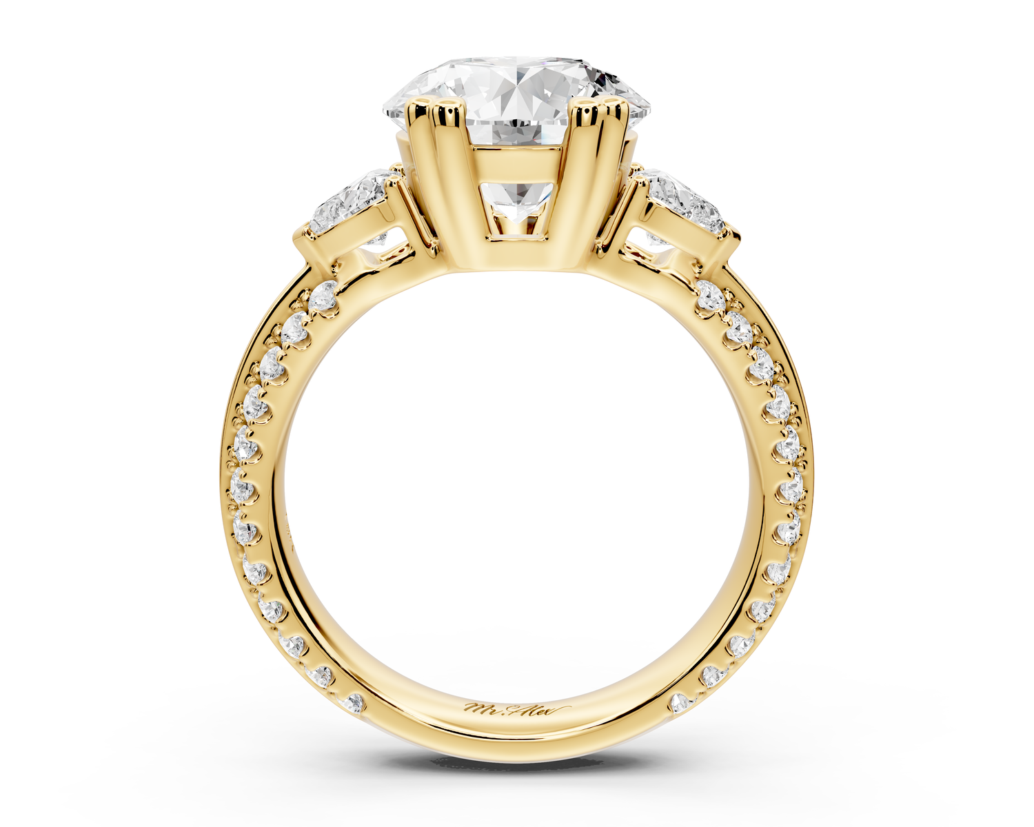 Elinor - 2ct 14k yellow gold pear diamond Double talon prongs with two heart side stones and rollover pavé engagement ring