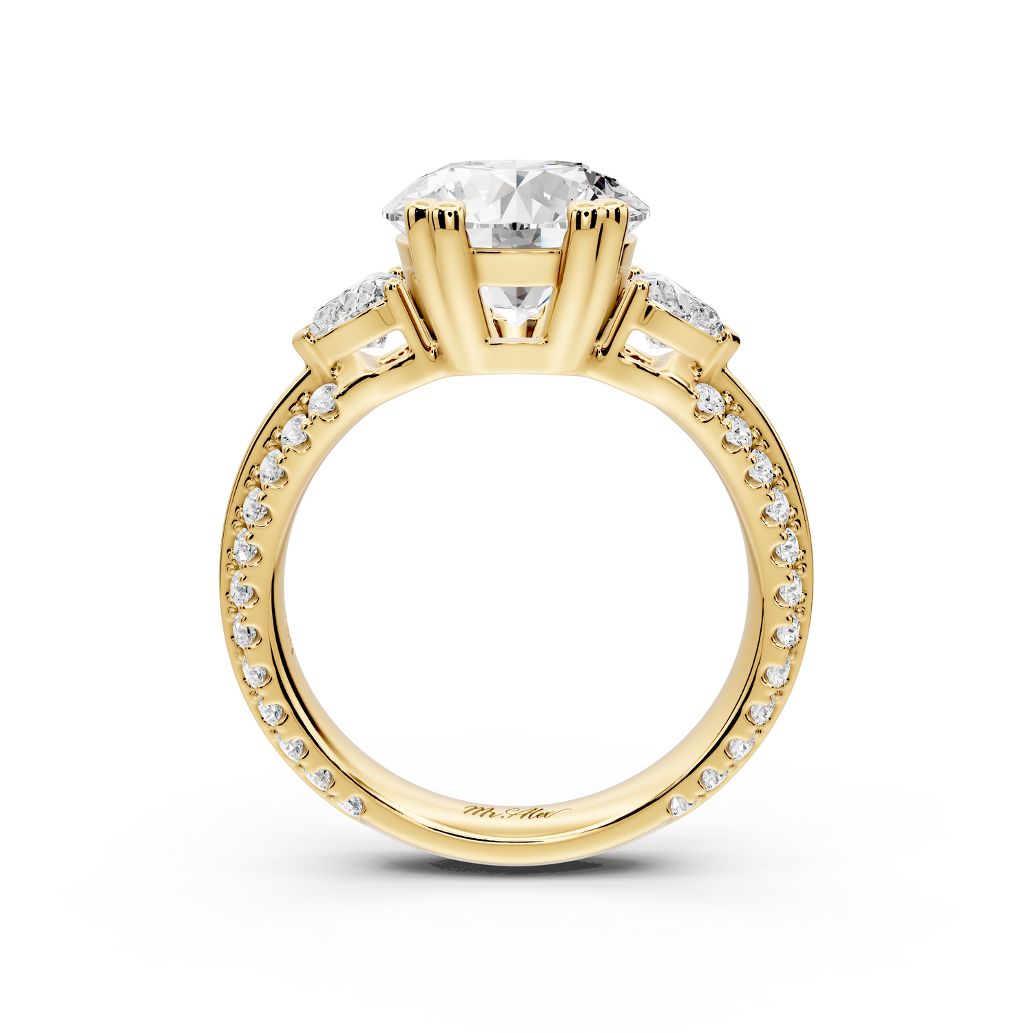 Elinor - 2ct 14k yellow gold pear diamond Double talon prongs with two heart side stones and rollover pavé engagement ring