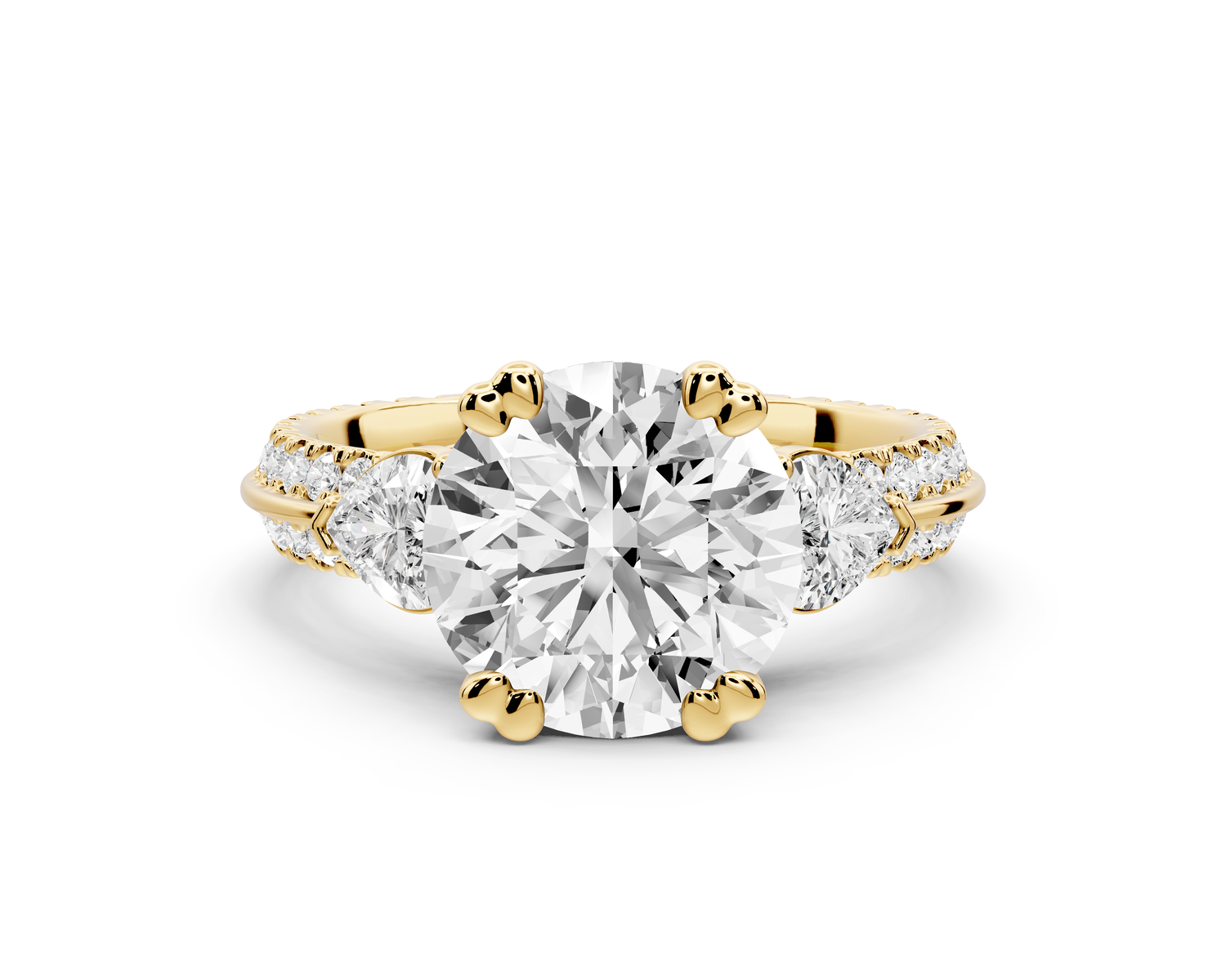 Elinor - 2ct 14k yellow gold pear diamond Double talon prongs with two heart side stones and rollover pavé engagement ring