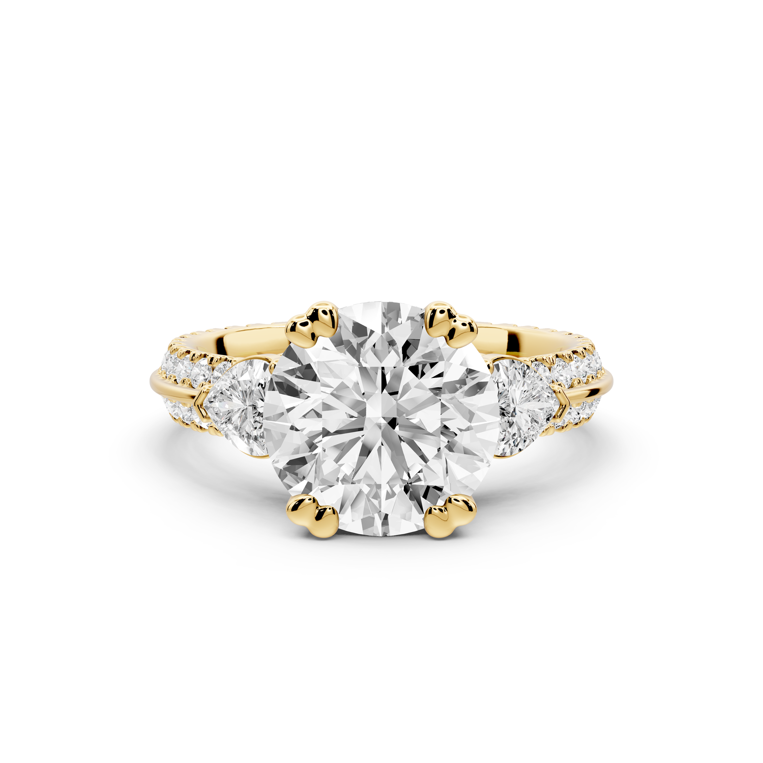 Elinor - 2ct 14k yellow gold pear diamond Double talon prongs with two heart side stones and rollover pavé engagement ring