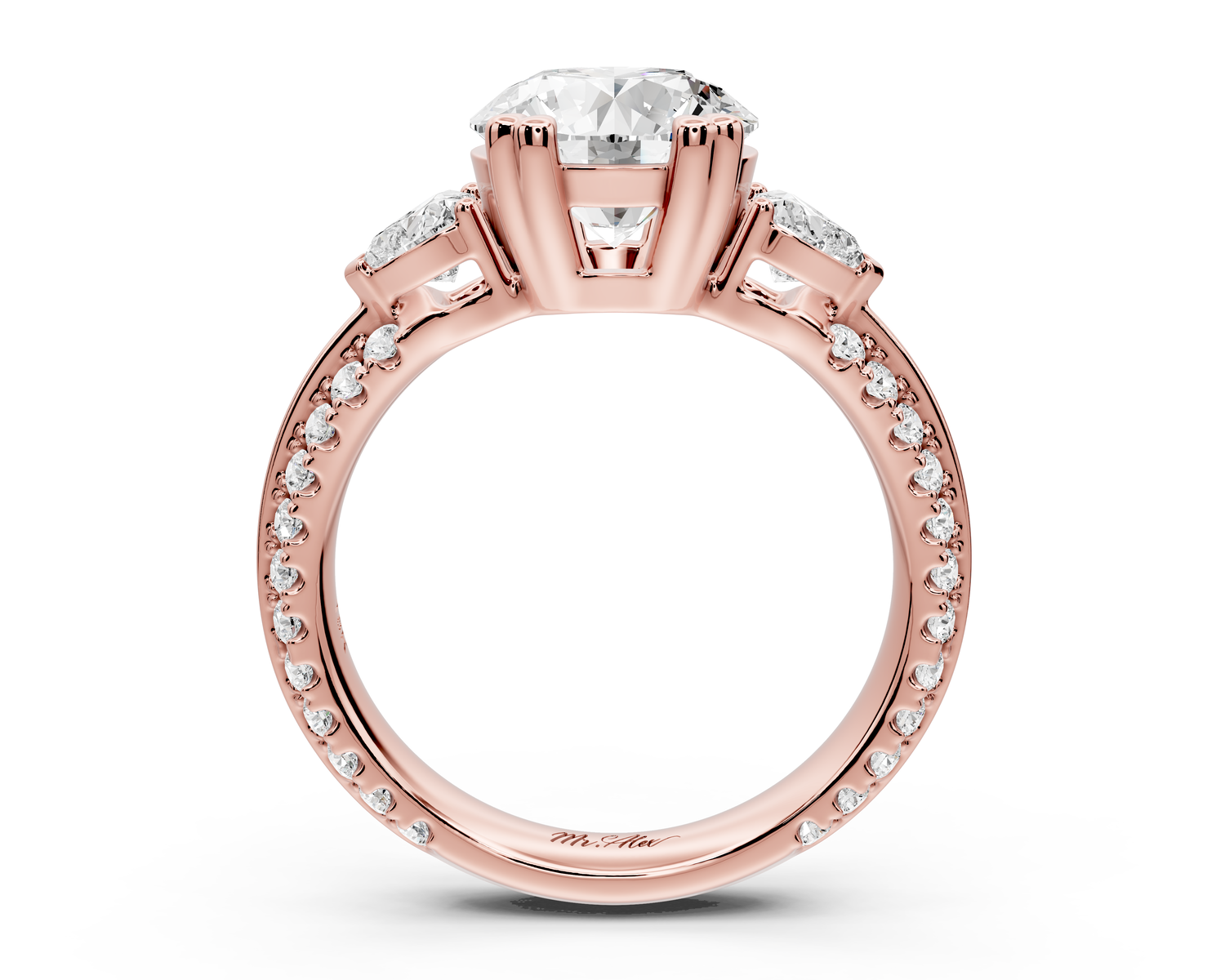 Elinor - 2ct 14k rose gold round diamond Double talon prongs with two heart side stones and rollover Pavé engagement ring