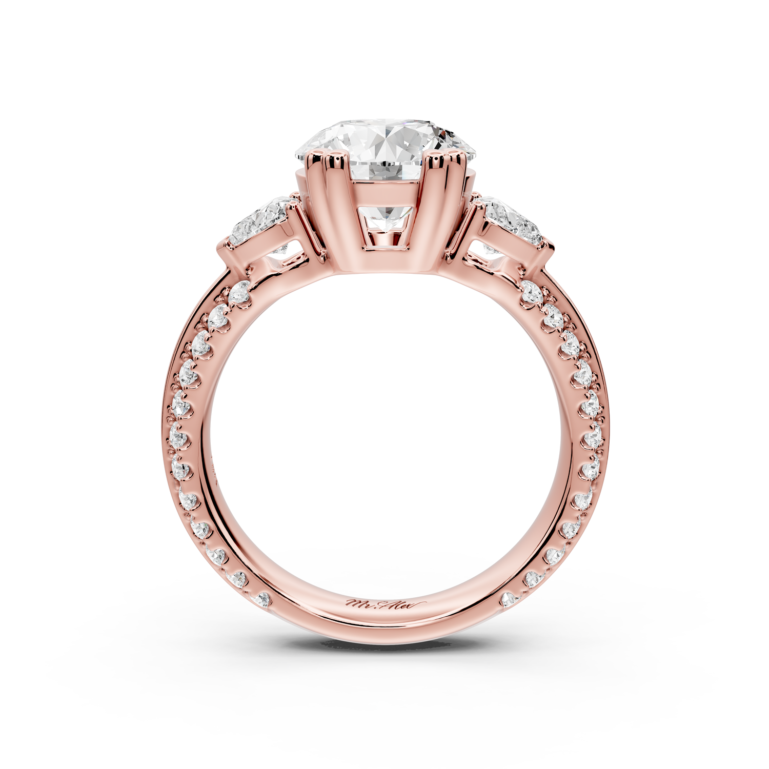 Elinor - 2ct 14k rose gold round diamond Double talon prongs with two heart side stones and rollover Pavé engagement ring