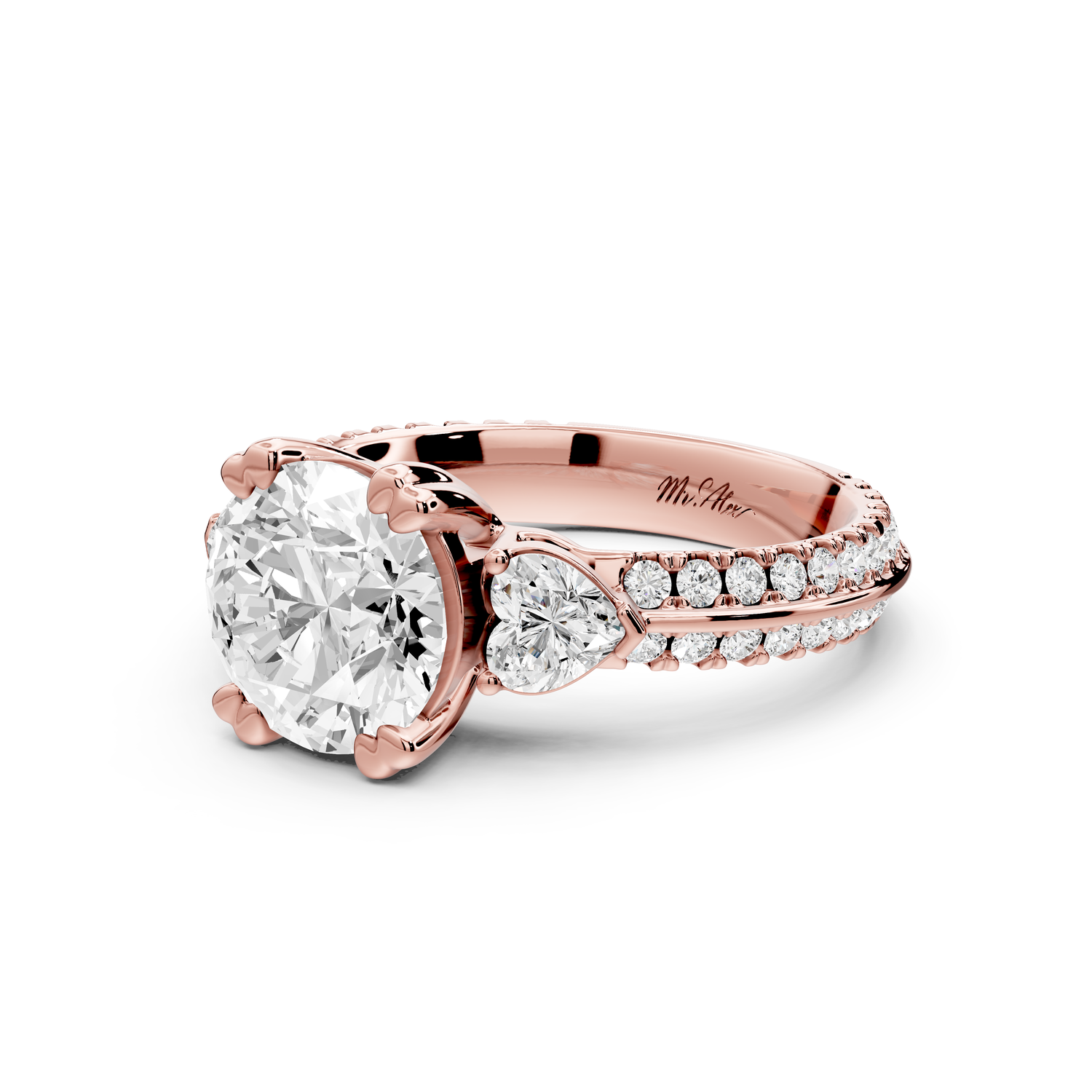 Elinor - 2ct 14k rose gold round diamond Double talon prongs with two heart side stones and rollover Pavé engagement ring