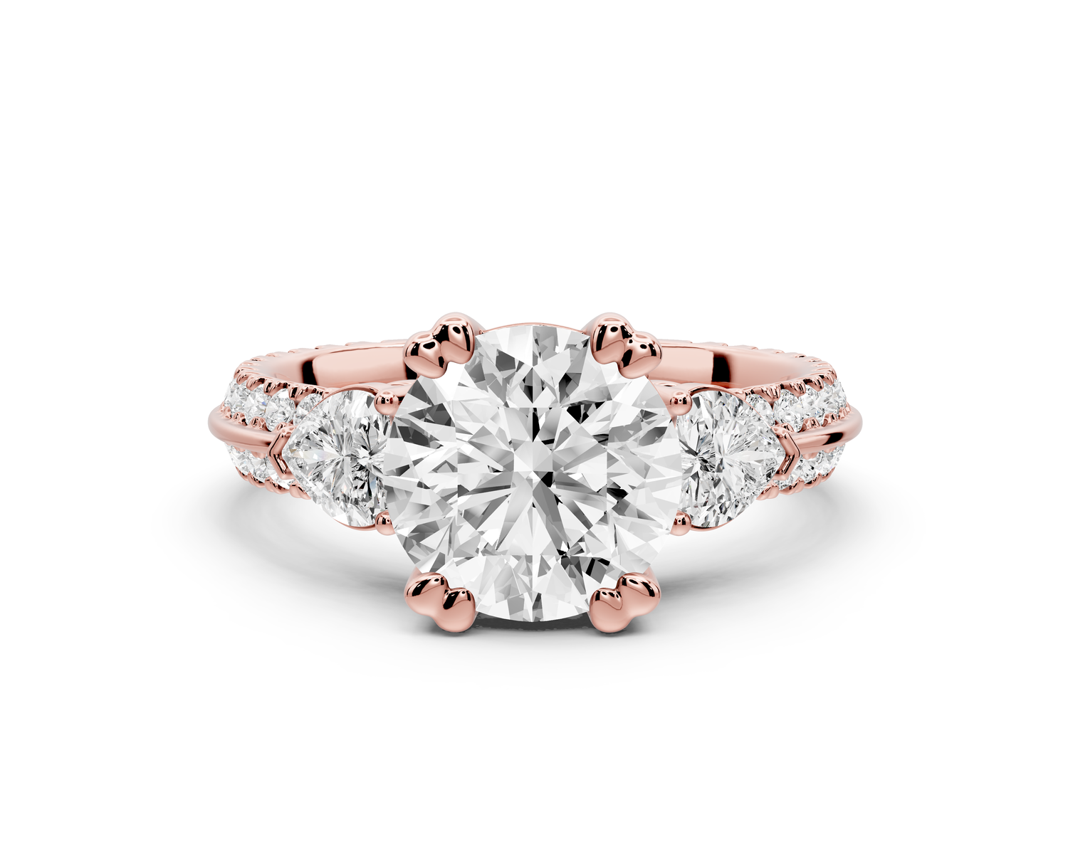 Elinor - 2ct 14k rose gold round diamond Double talon prongs with two heart side stones and rollover Pavé engagement ring