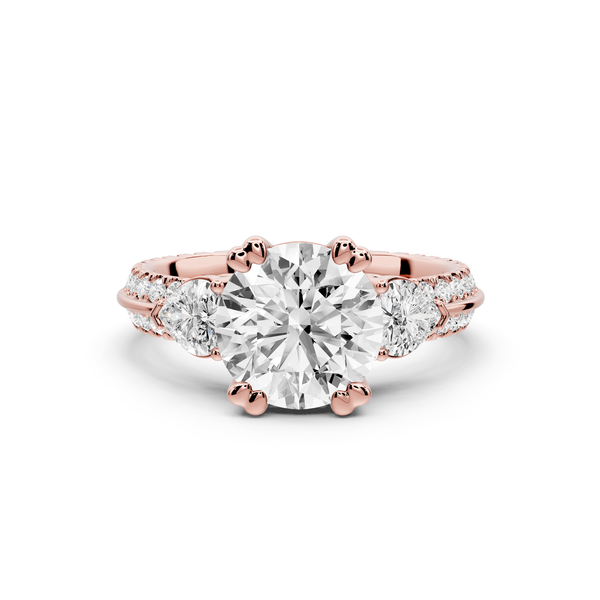 Elinor - 2ct 14k rose gold round diamond Double talon prongs with two heart side stones and rollover Pavé engagement ring