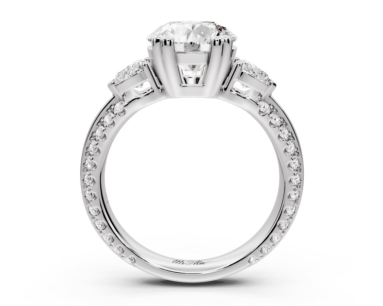 Elinor - 2ct 14k white gold round diamond Double talon prongs with two heart side stones and rollover Pavé engagement ring