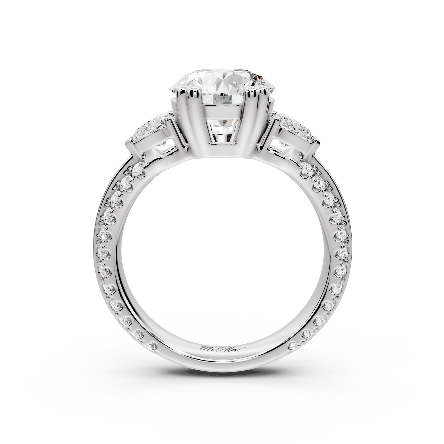 Elinor - 2ct 14k white gold round diamond Double talon prongs with two heart side stones and rollover Pavé engagement ring