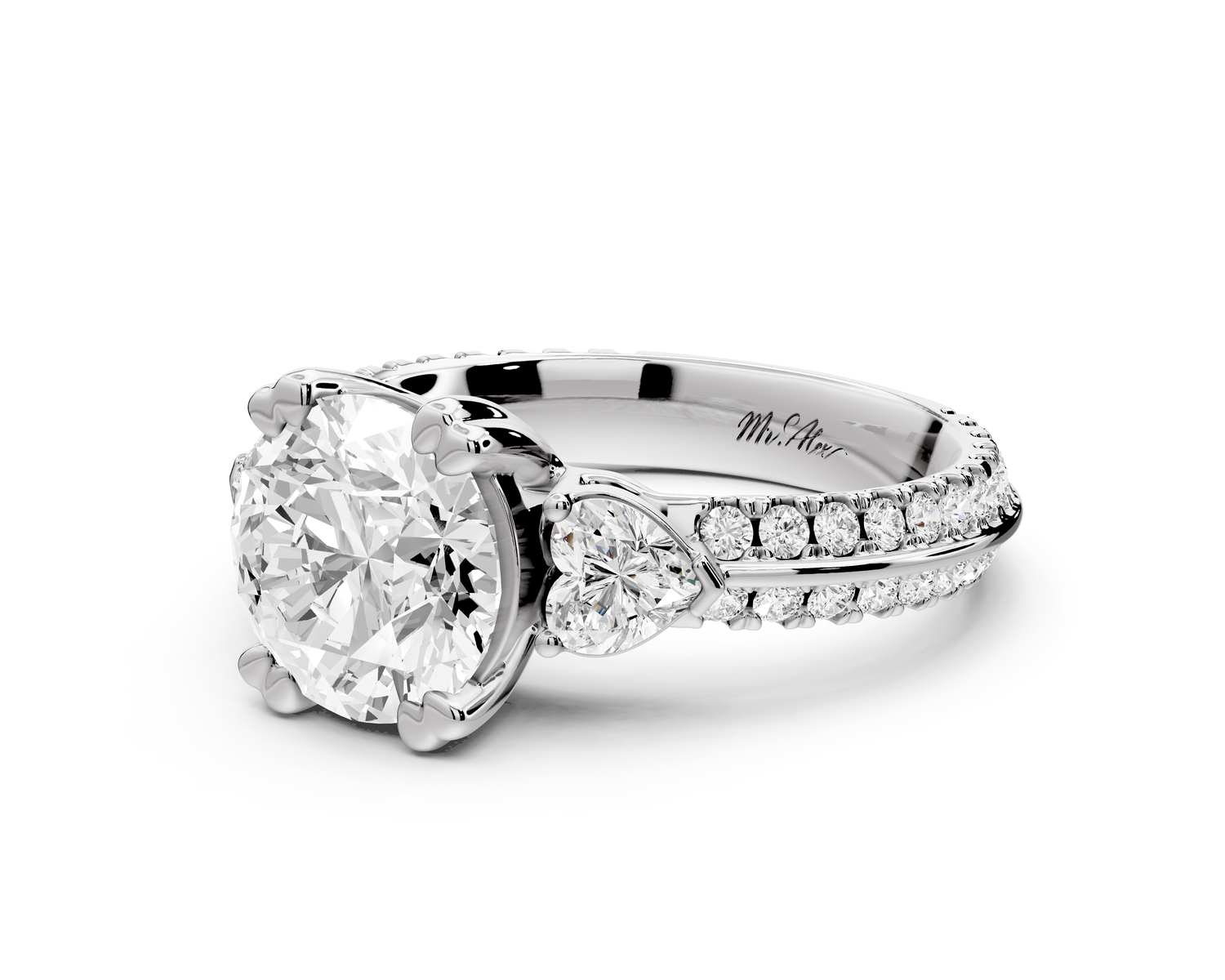 Elinor - 2ct 14k white gold round diamond Double talon prongs with two heart side stones and rollover Pavé engagement ring