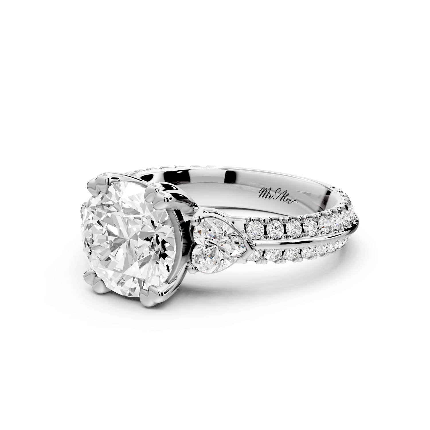 Elinor - 2ct 14k white gold round diamond Double talon prongs with two heart side stones and rollover Pavé engagement ring
