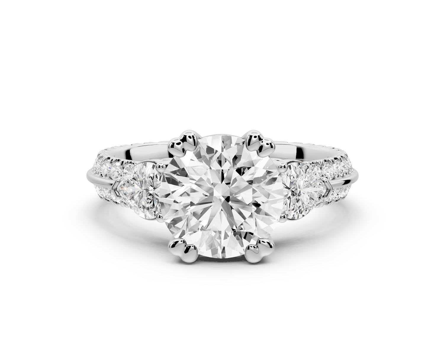Elinor - 2ct 14k white gold round diamond Double talon prongs with two heart side stones and rollover Pavé engagement ring