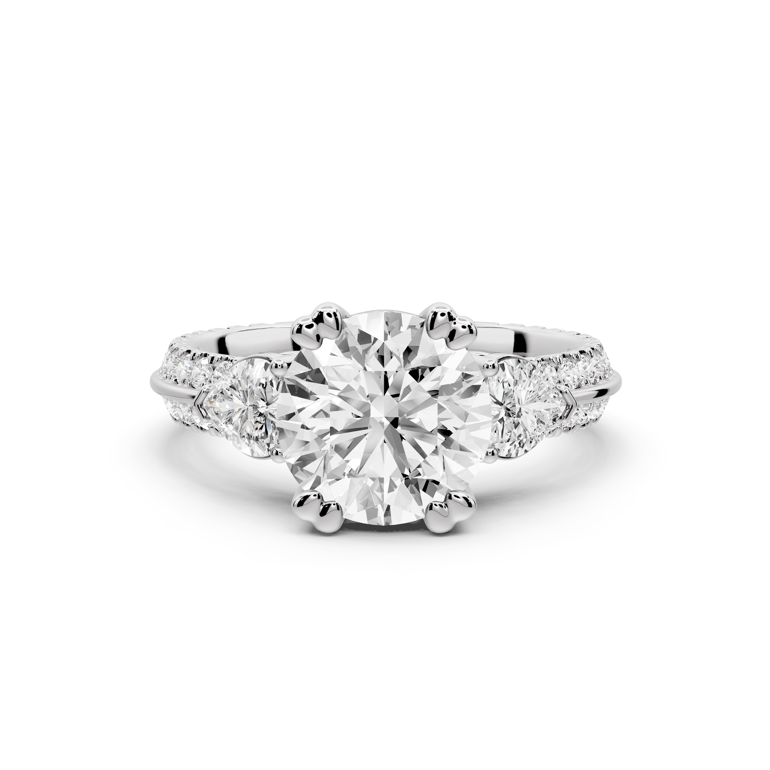 Elinor - 2ct 14k white gold round diamond Double talon prongs with two heart side stones and rollover Pavé engagement ring