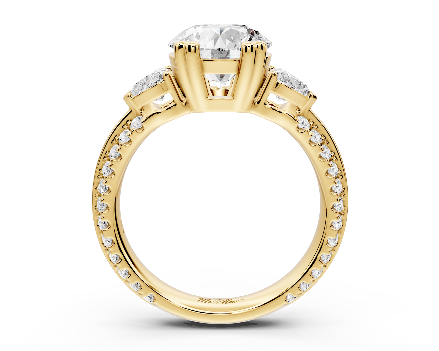 Elinor - 2ct 14k yellow gold round diamond Double talon prongs with two heart side stones and rollover Pavé engagement ring