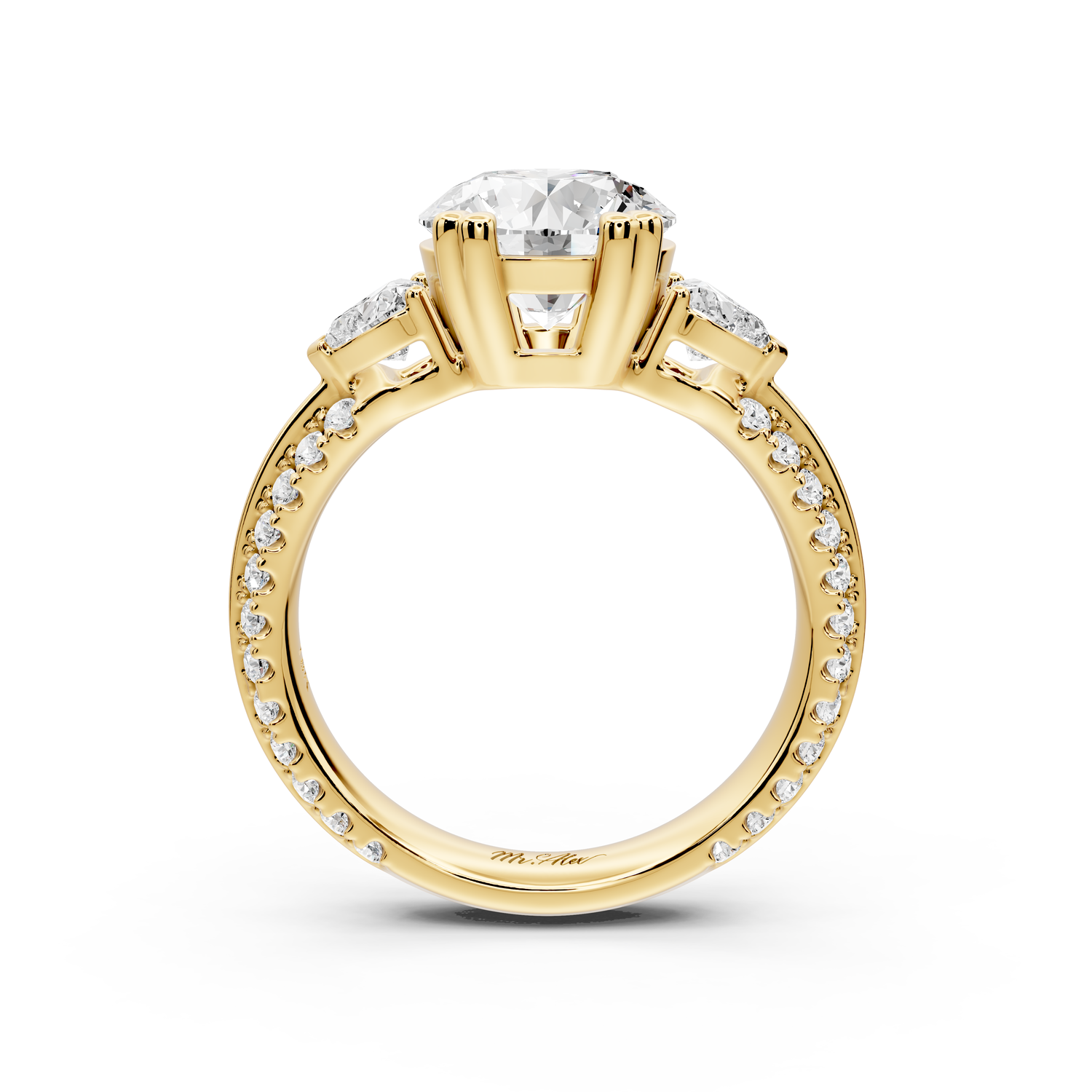 Elinor - 2ct 14k yellow gold round diamond Double talon prongs with two heart side stones and rollover Pavé engagement ring