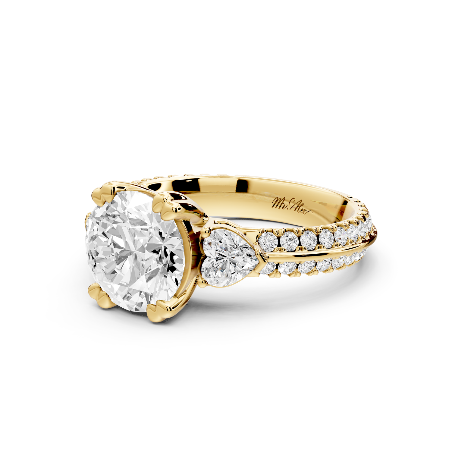 Elinor - 2ct 14k yellow gold round diamond Double talon prongs with two heart side stones and rollover Pavé engagement ring