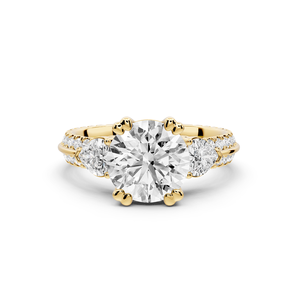 Elinor - 2ct 14k yellow gold round diamond Double talon prongs with two heart side stones and rollover Pavé engagement ring