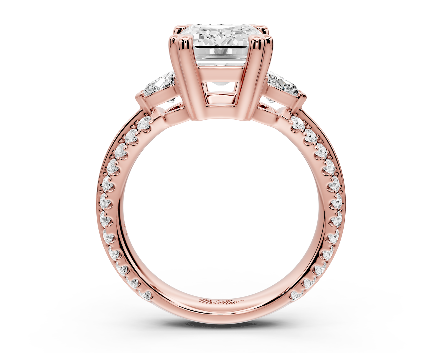 Elinor - 3ct 14k rose gold emerald diamond Double talon prongs with two heart side stones and rollover pavé engagement ring