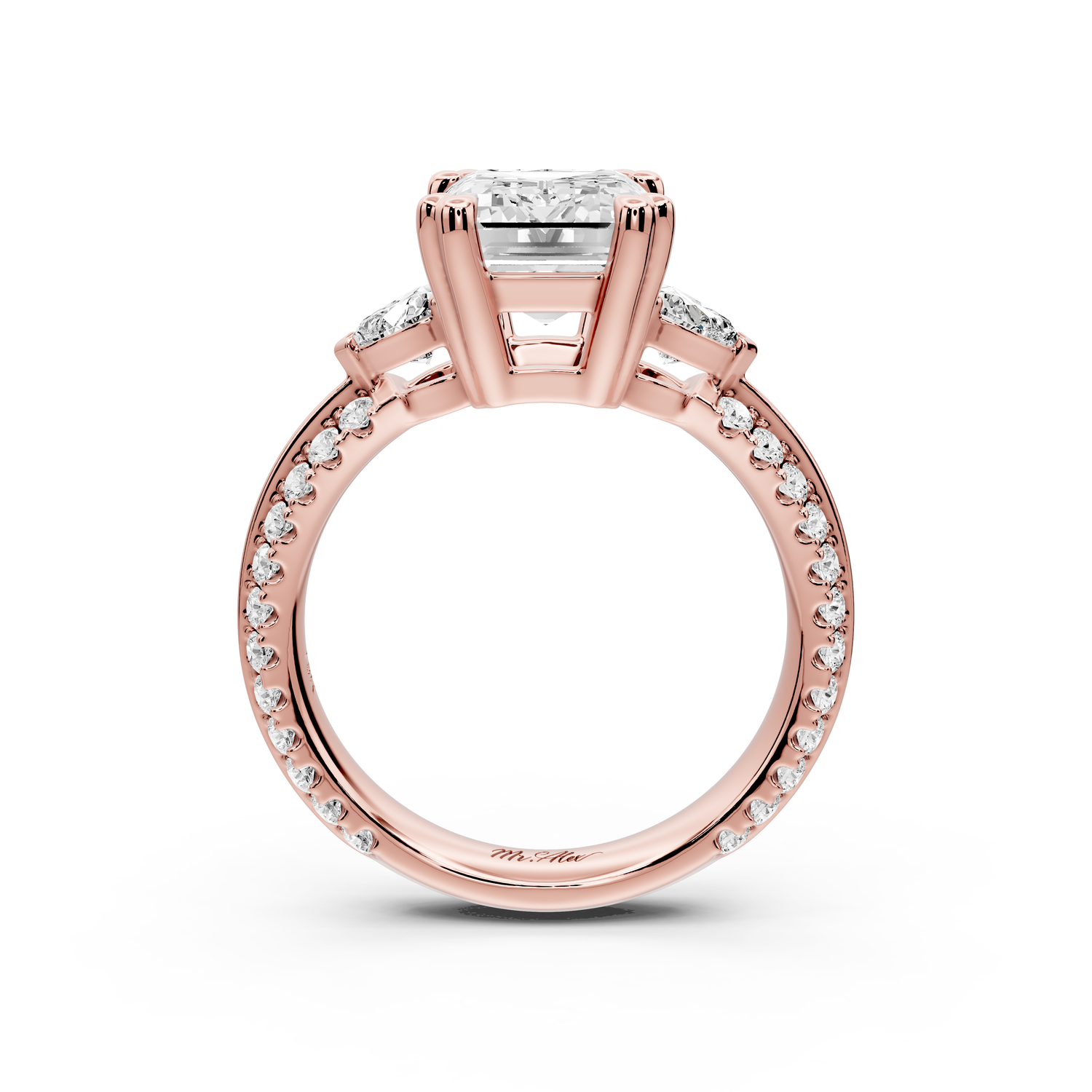 Elinor - 3ct 14k rose gold emerald diamond Double talon prongs with two heart side stones and rollover pavé engagement ring