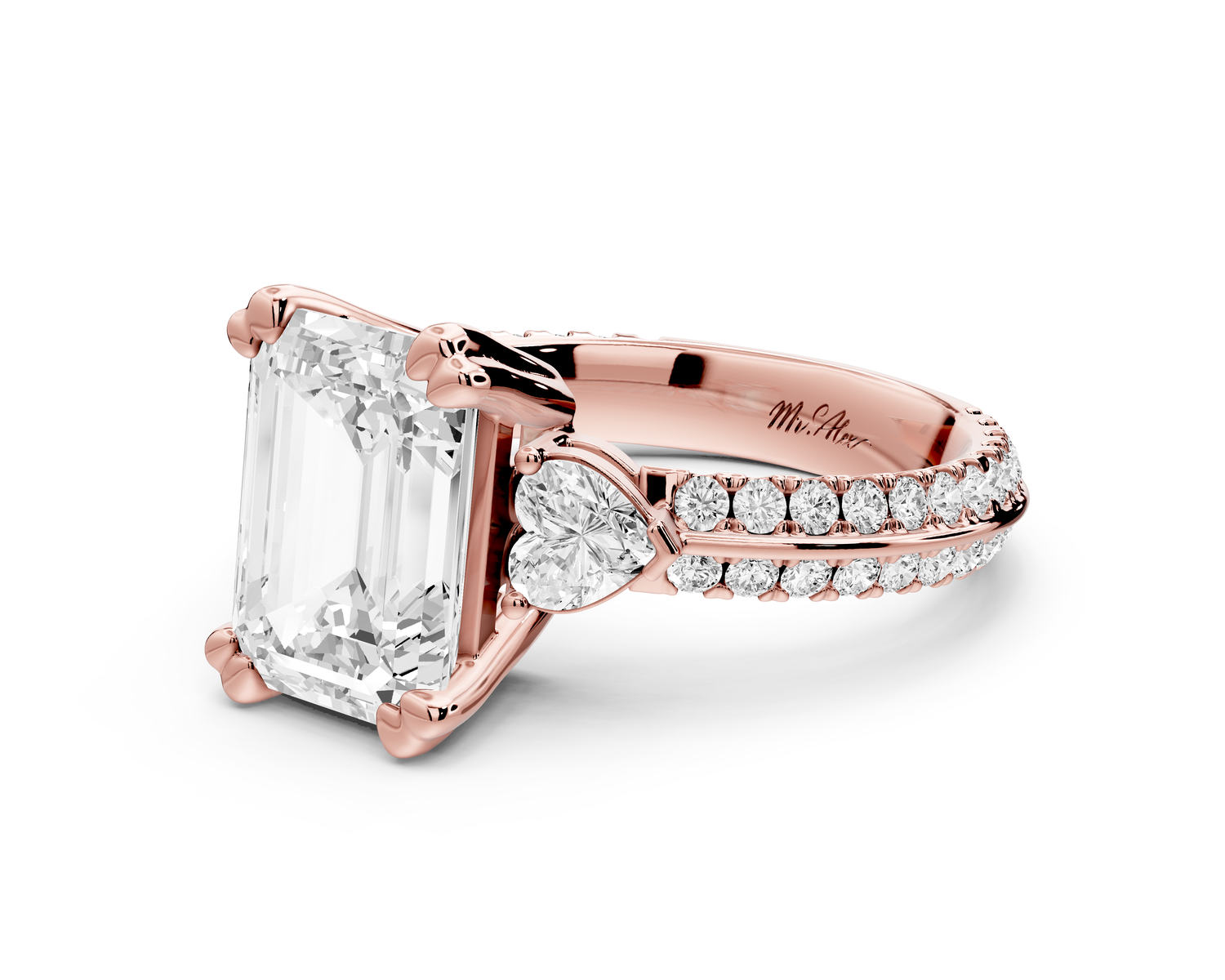 Elinor - 3ct 14k rose gold emerald diamond Double talon prongs with two heart side stones and rollover pavé engagement ring