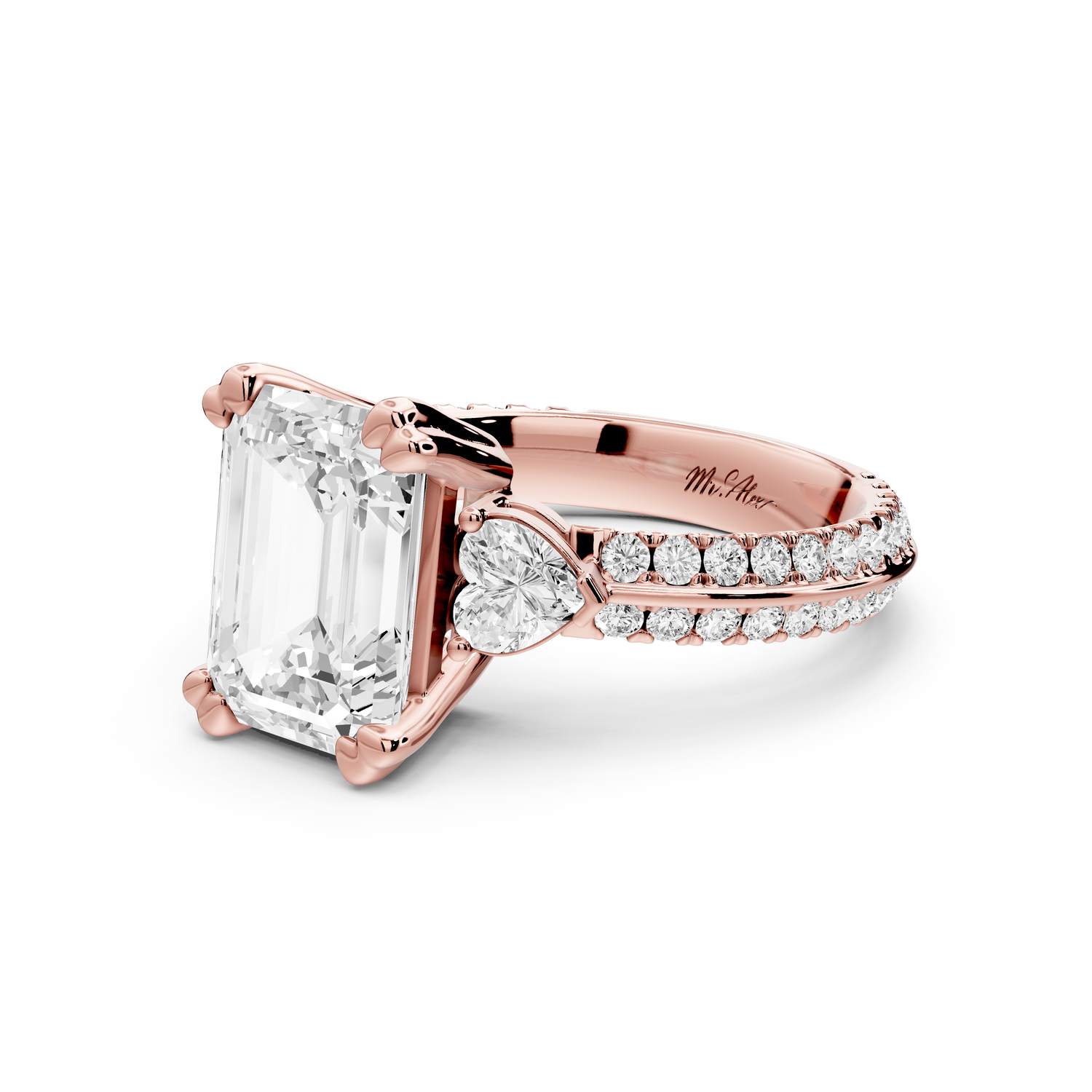 Elinor - 3ct 14k rose gold emerald diamond Double talon prongs with two heart side stones and rollover pavé engagement ring