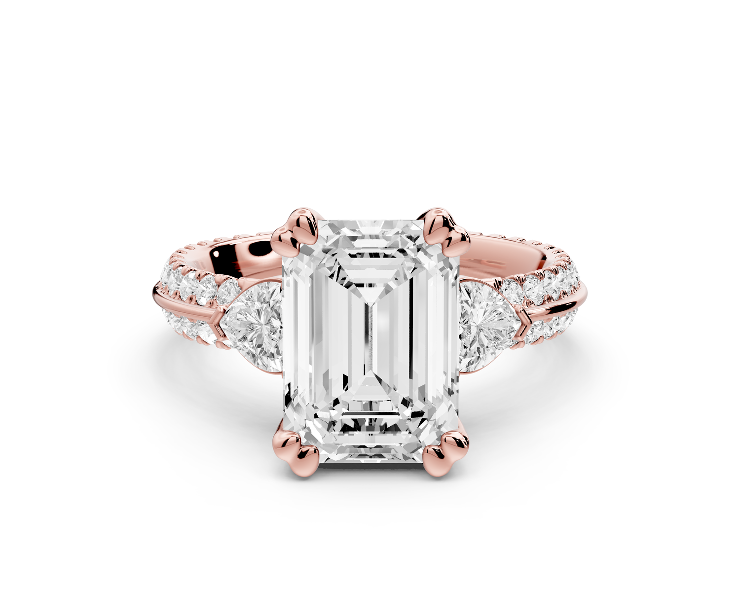 Elinor - 3ct 14k rose gold emerald diamond Double talon prongs with two heart side stones and rollover pavé engagement ring