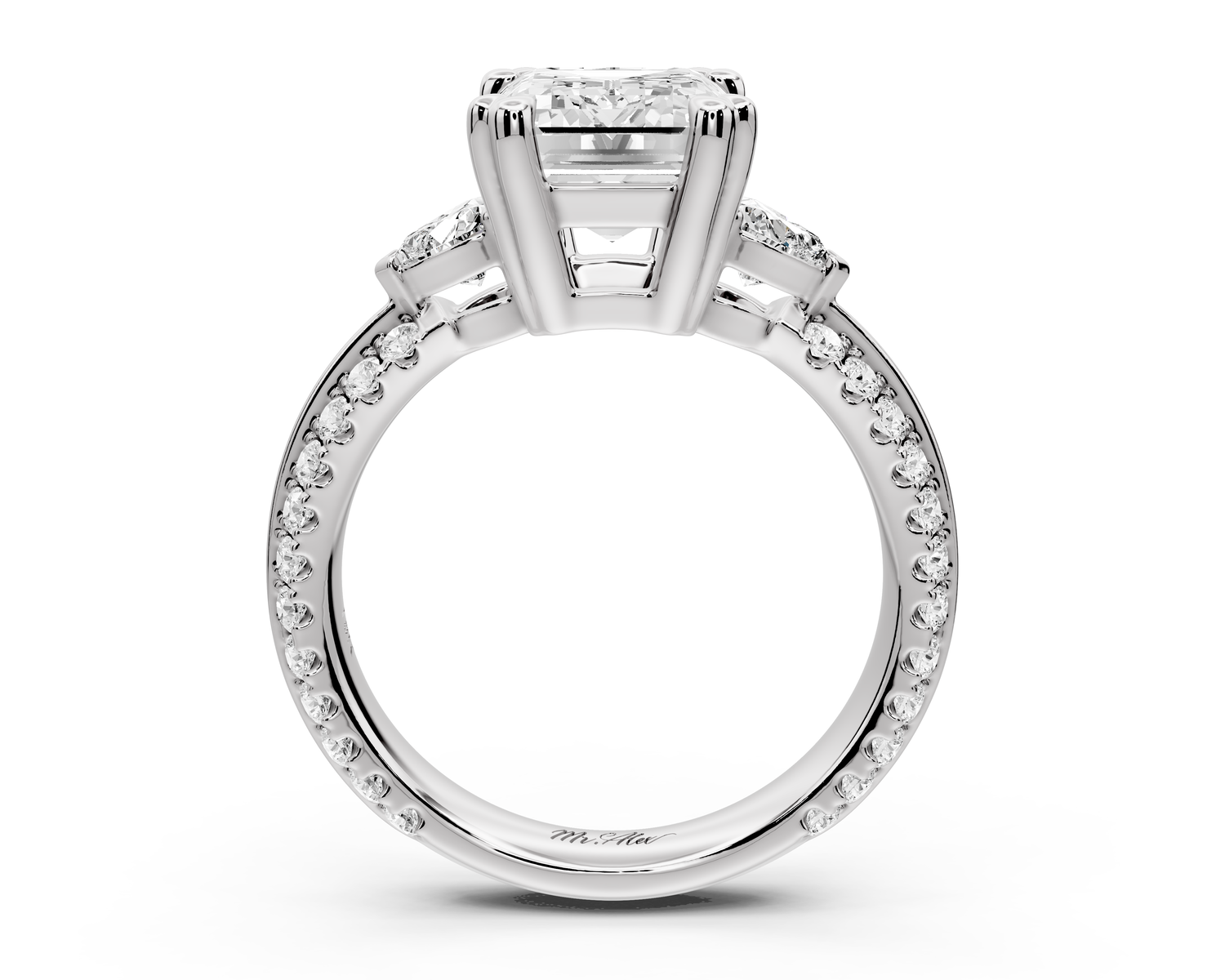 Elinor - 3ct 14k white gold emerald diamond Double talon prongs with two heart side stones and rollover pavé engagement ring