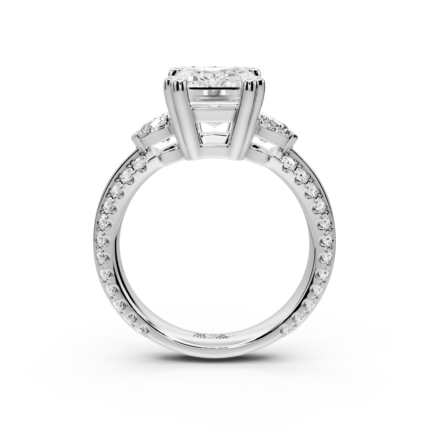 Elinor - 3ct 14k white gold emerald diamond Double talon prongs with two heart side stones and rollover pavé engagement ring