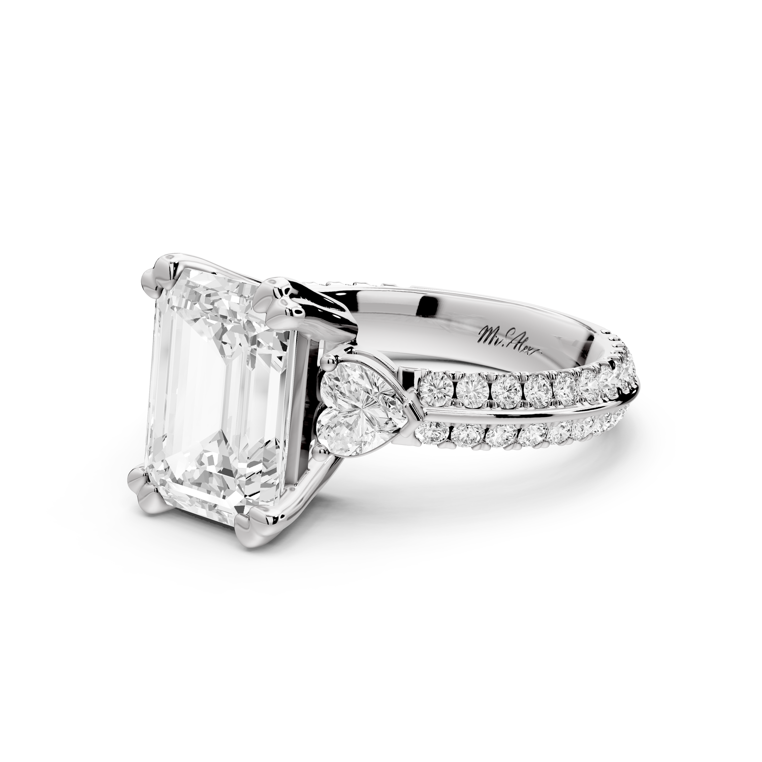 Elinor - 3ct 14k white gold emerald diamond Double talon prongs with two heart side stones and rollover pavé engagement ring