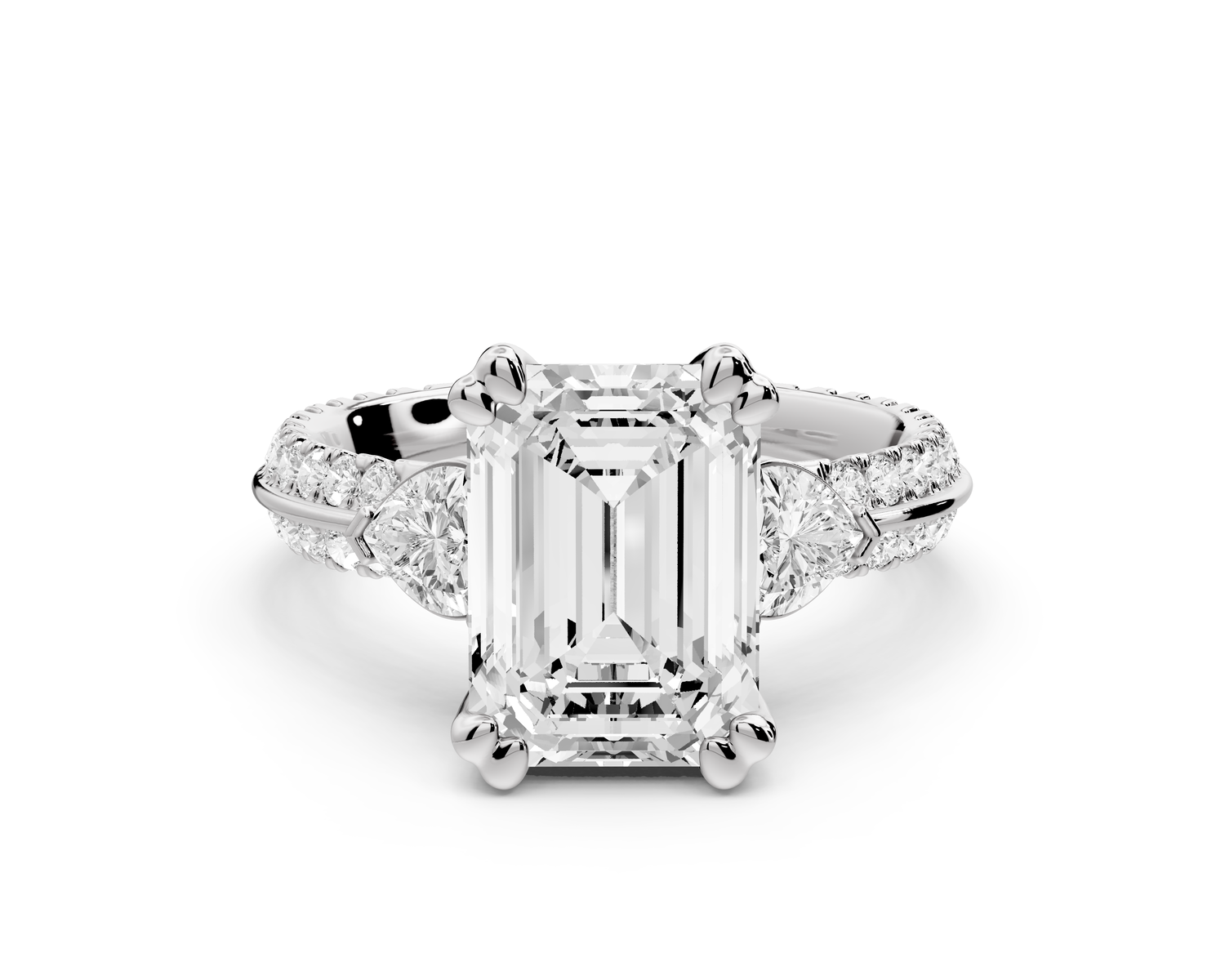Elinor - 3ct 14k white gold emerald diamond Double talon prongs with two heart side stones and rollover pavé engagement ring