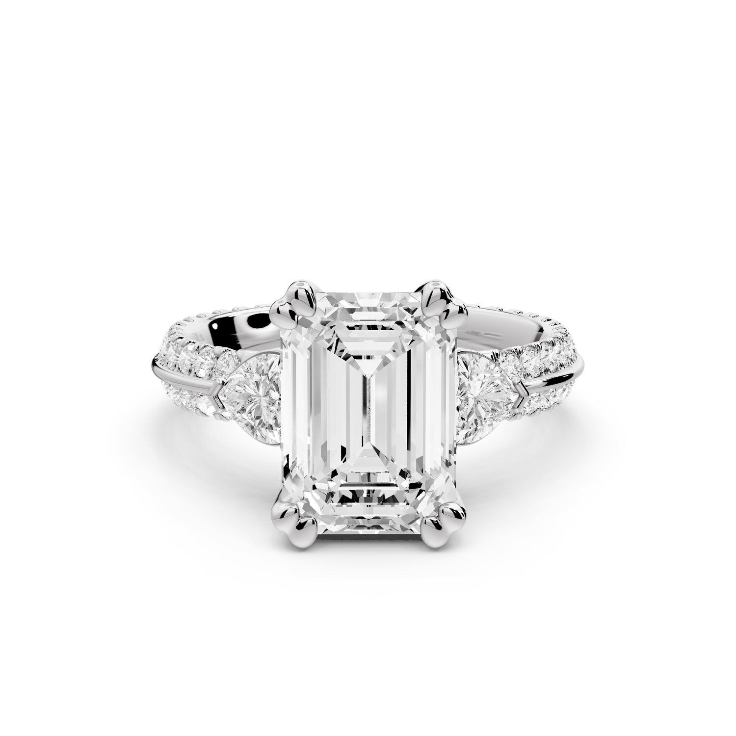 Elinor - 3ct 14k white gold emerald diamond Double talon prongs with two heart side stones and rollover pavé engagement ring