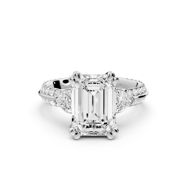 Elinor - 3ct 14k white gold emerald diamond Double talon prongs with two heart side stones and rollover pavé engagement ring