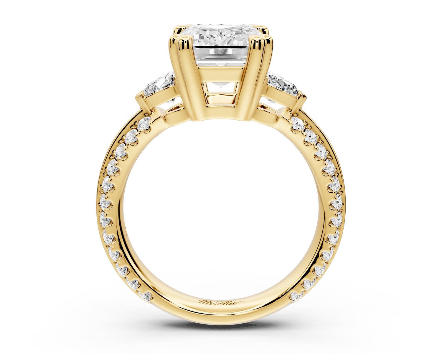 Elinor - 3ct 14k yellow gold emerald diamond Double talon prongs with two heart side stones and rollover pavé engagement ring