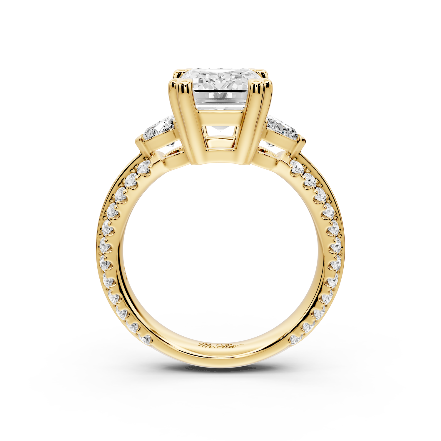 Elinor - 3ct 14k yellow gold emerald diamond Double talon prongs with two heart side stones and rollover pavé engagement ring