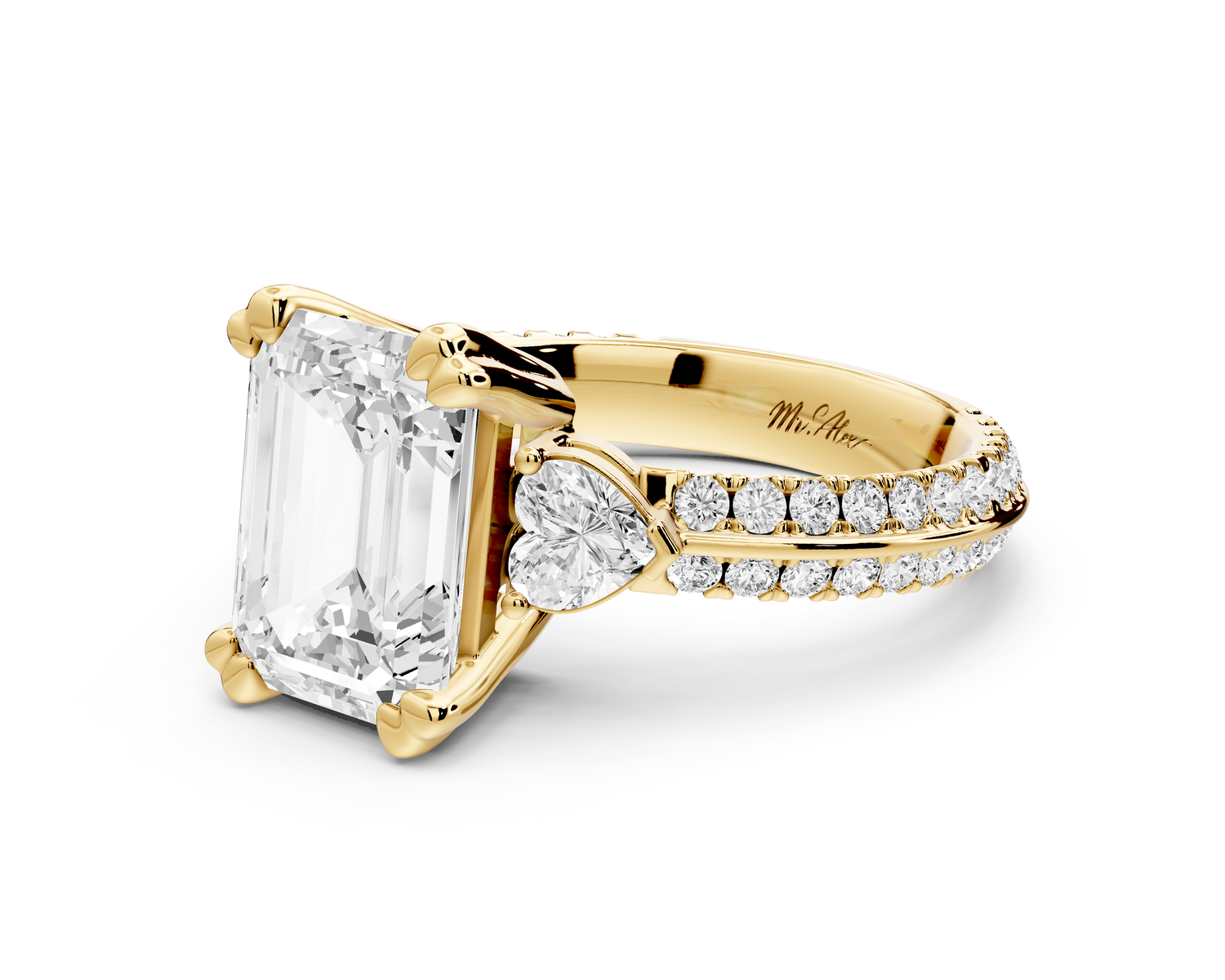 Elinor - 3ct 14k yellow gold emerald diamond Double talon prongs with two heart side stones and rollover pavé engagement ring