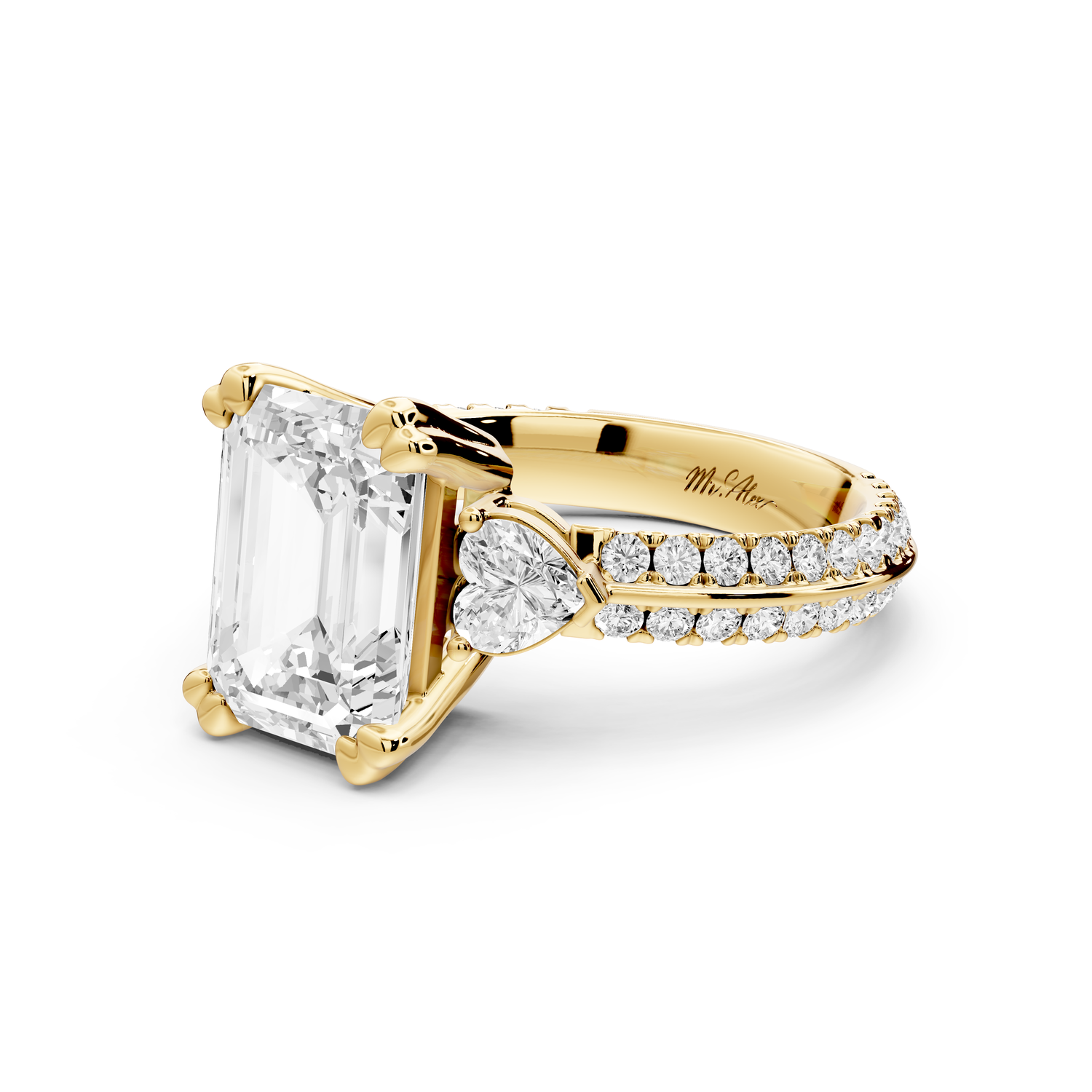 Elinor - 3ct 14k yellow gold emerald diamond Double talon prongs with two heart side stones and rollover pavé engagement ring