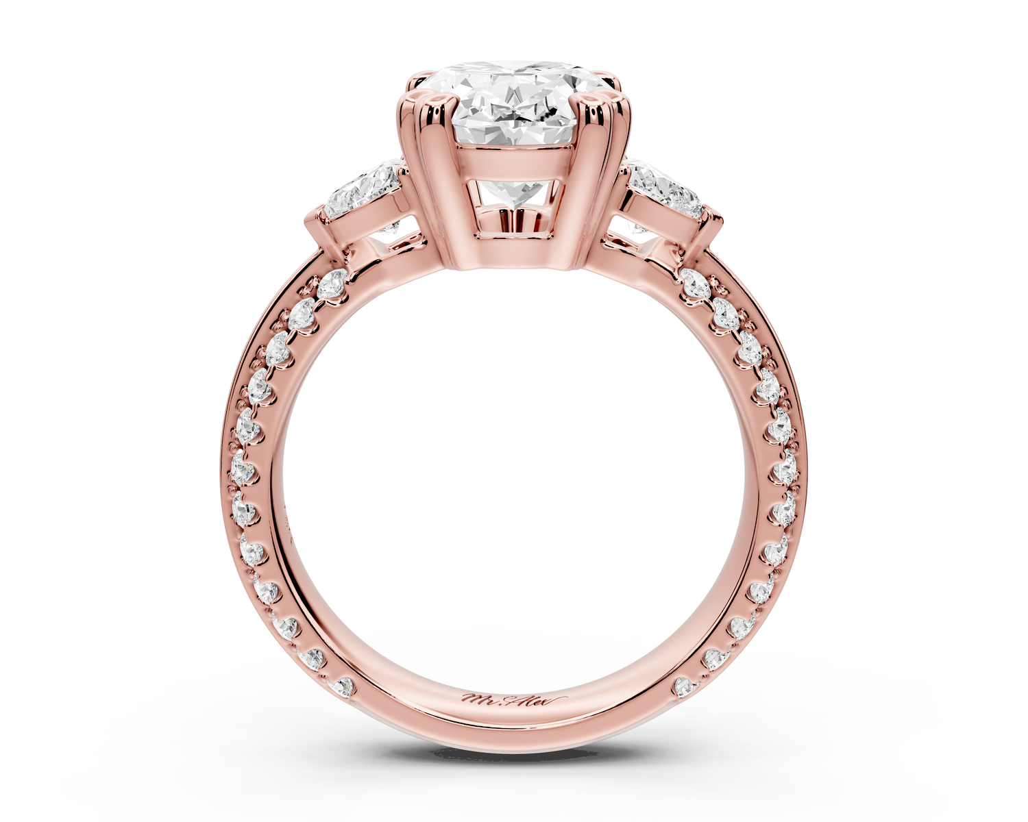 Elinor - 3ct 14k rose gold oval diamond Double talon prongs with two heart side stones and rollover pavé engagement ring