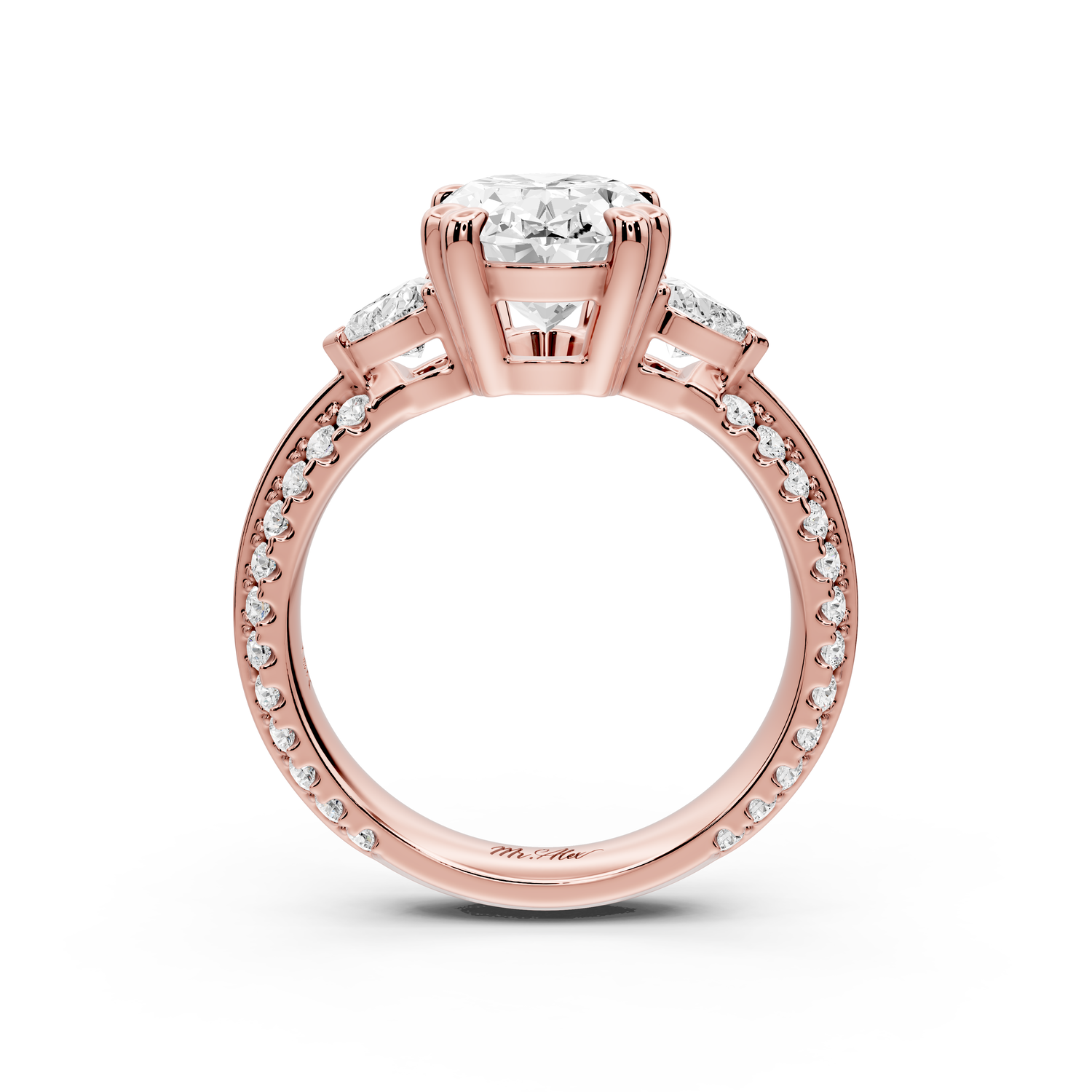 Elinor - 3ct 14k rose gold oval diamond Double talon prongs with two heart side stones and rollover pavé engagement ring