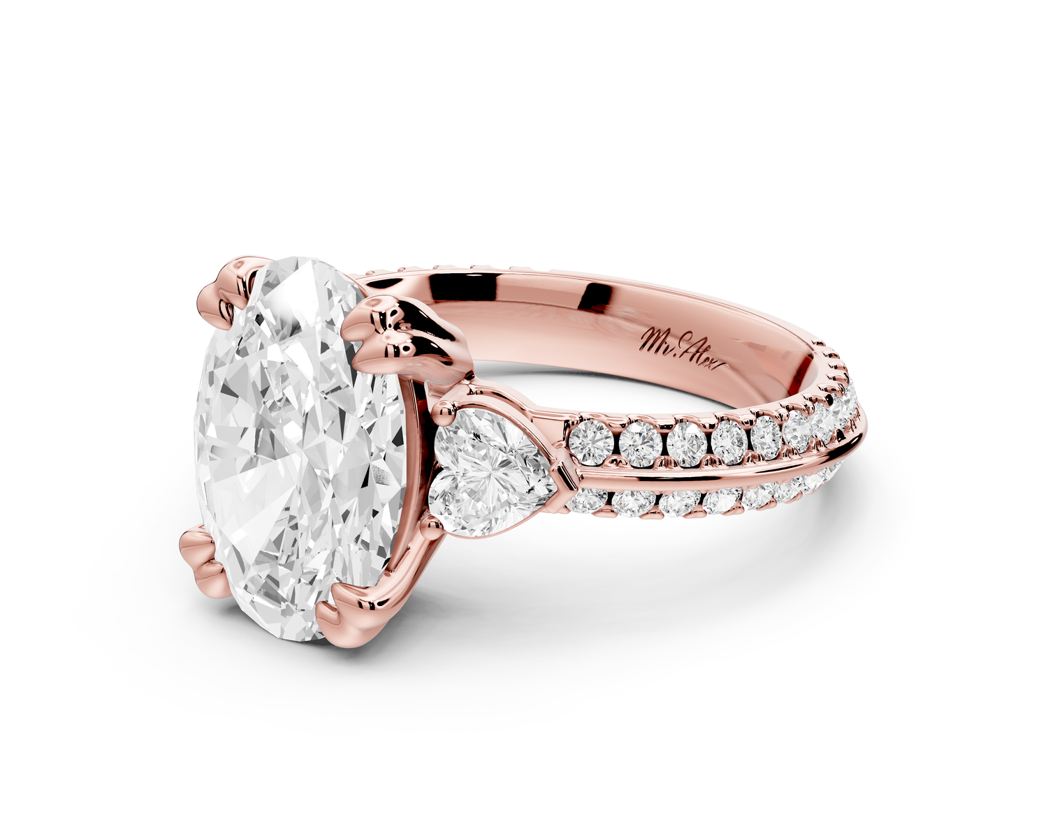 Elinor - 3ct 14k rose gold oval diamond Double talon prongs with two heart side stones and rollover pavé engagement ring