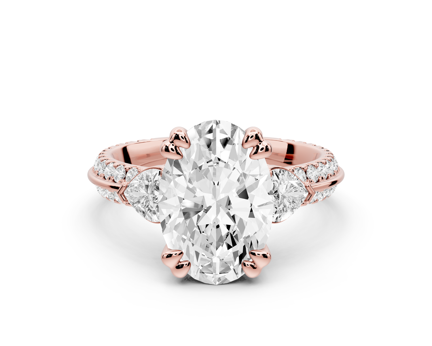 Elinor - 3ct 14k rose gold oval diamond Double talon prongs with two heart side stones and rollover pavé engagement ring