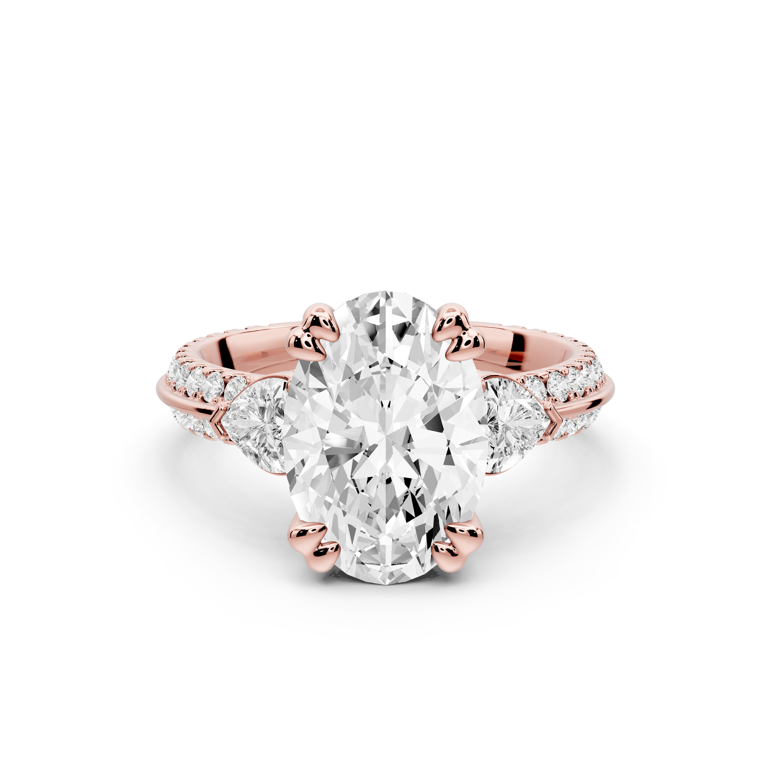 Elinor - 3ct 14k rose gold oval diamond Double talon prongs with two heart side stones and rollover pavé engagement ring