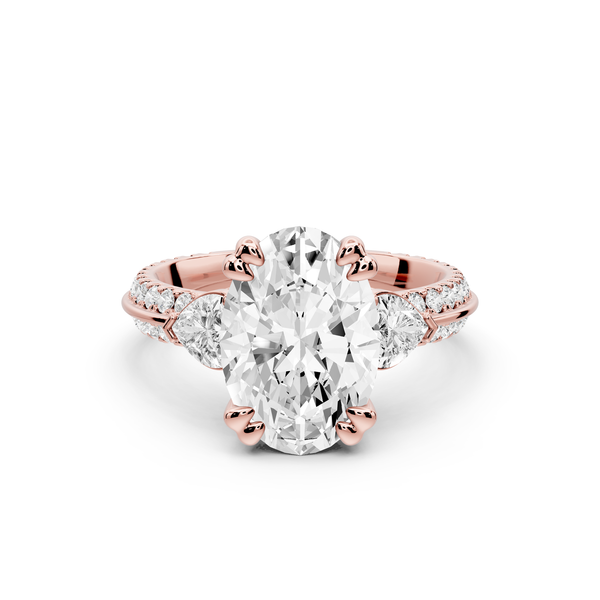 Elinor - 3ct 14k rose gold oval diamond Double talon prongs with two heart side stones and rollover pavé engagement ring