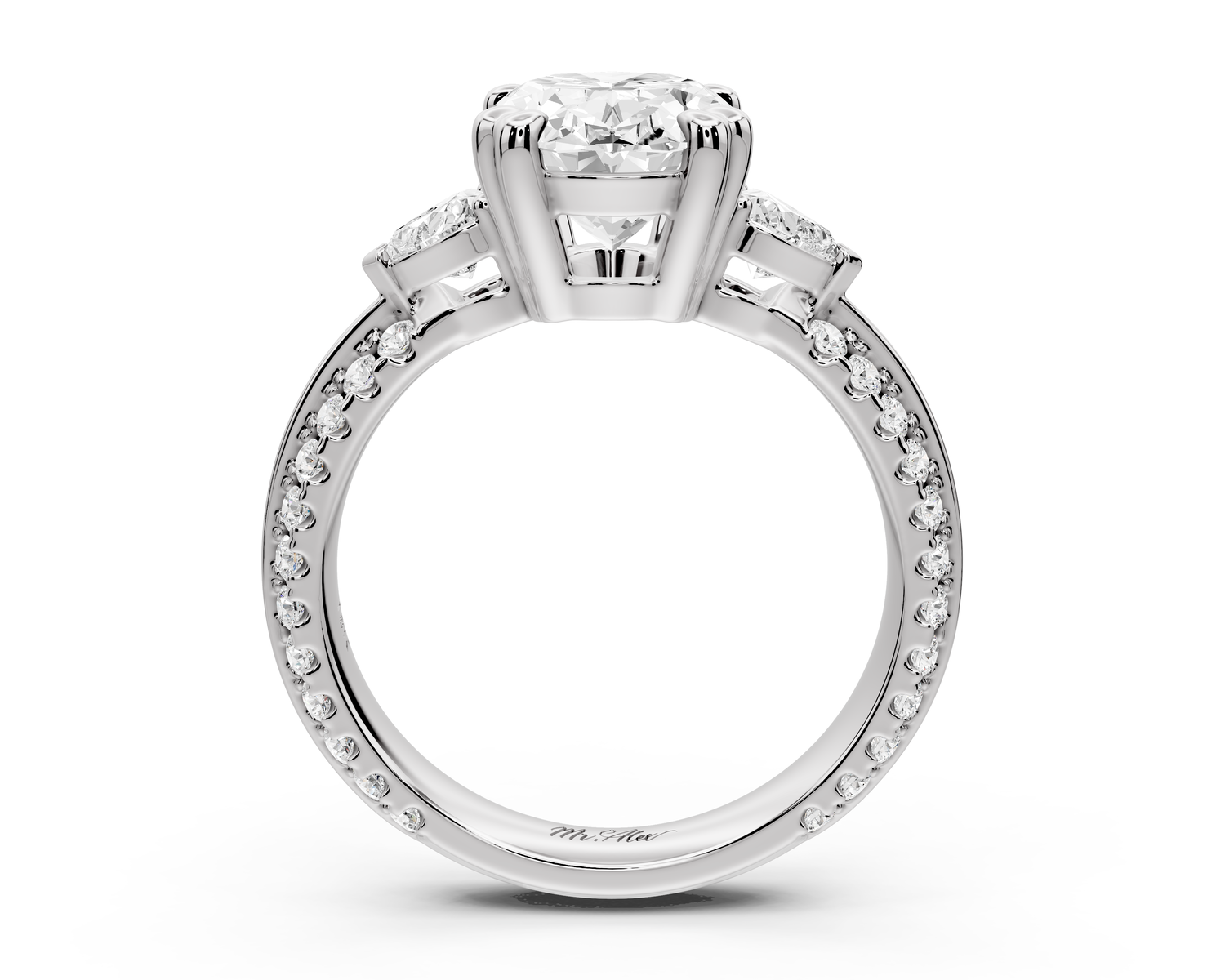 Elinor - 3ct 14k white gold oval diamond Double talon prongs with two heart side stones and rollover pavé engagement ring