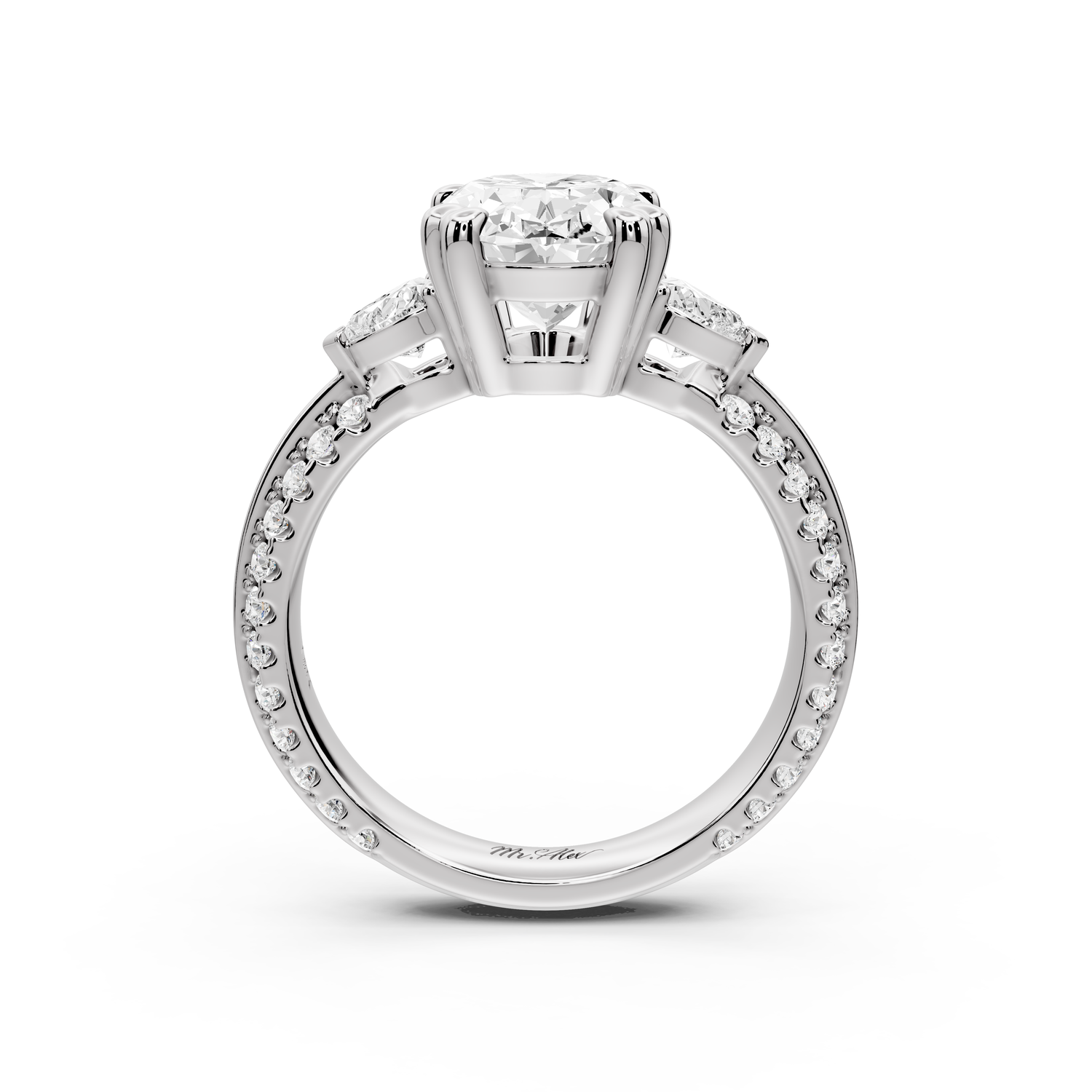Elinor - 3ct 14k white gold oval diamond Double talon prongs with two heart side stones and rollover pavé engagement ring