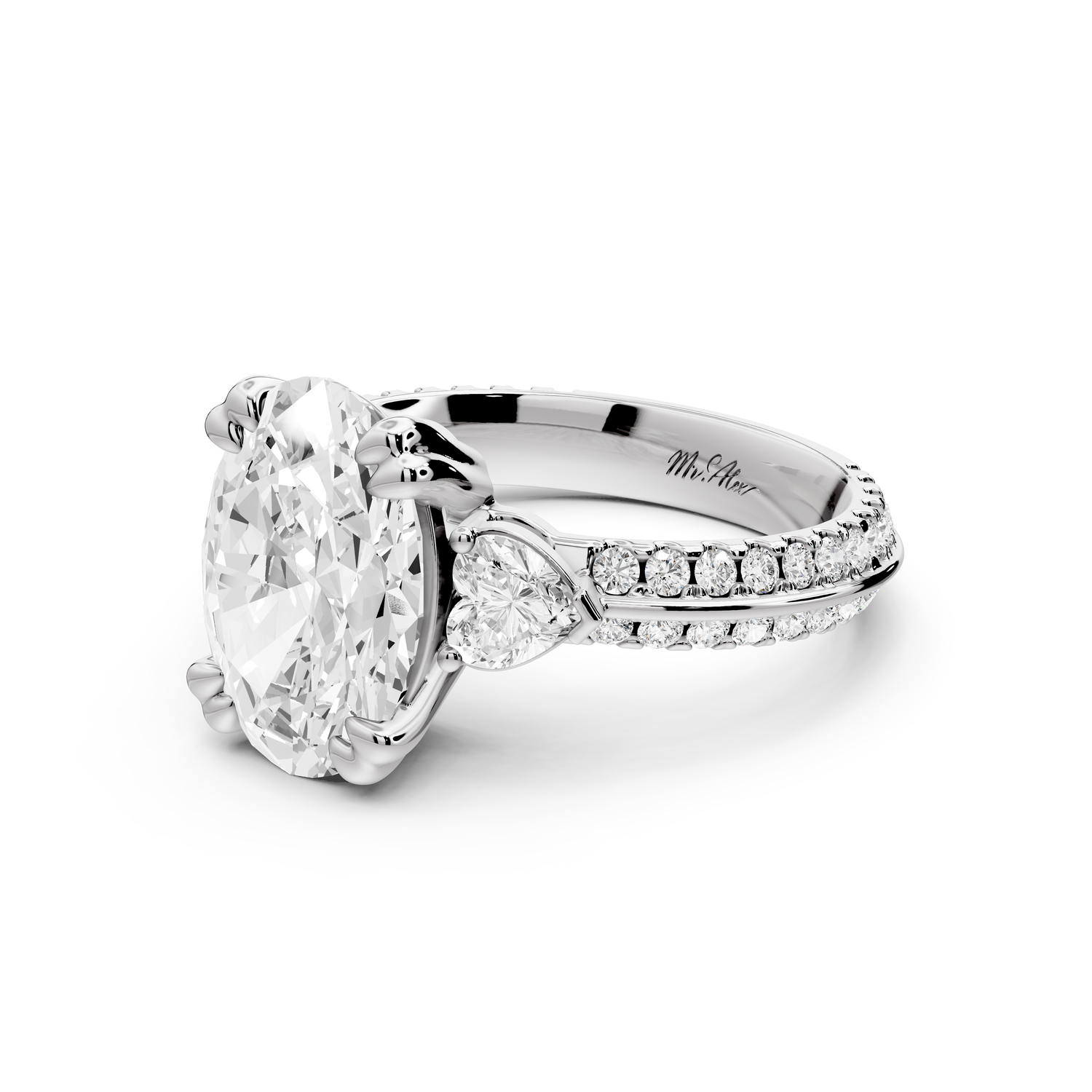 Elinor - 3ct 14k white gold oval diamond Double talon prongs with two heart side stones and rollover pavé engagement ring