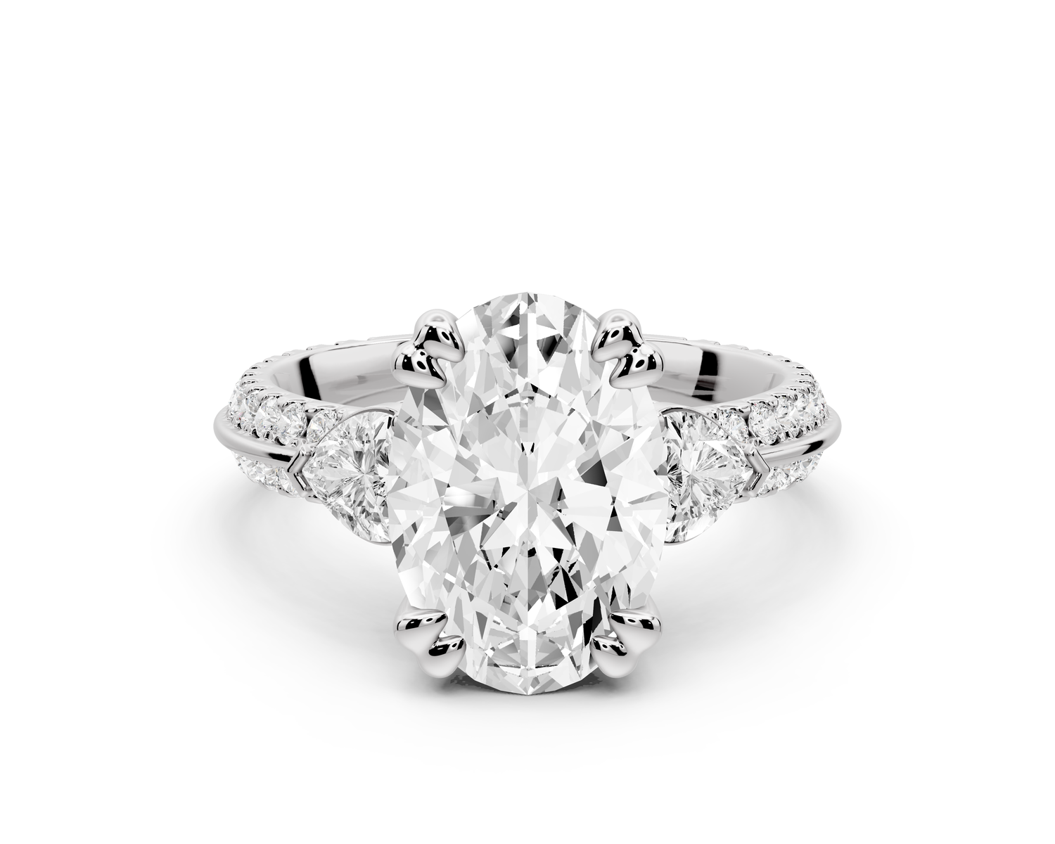 Elinor - 3ct 14k white gold oval diamond Double talon prongs with two heart side stones and rollover pavé engagement ring