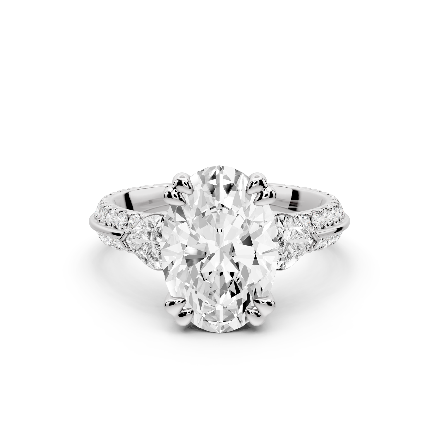 Elinor - 3ct 14k white gold oval diamond Double talon prongs with two heart side stones and rollover pavé engagement ring