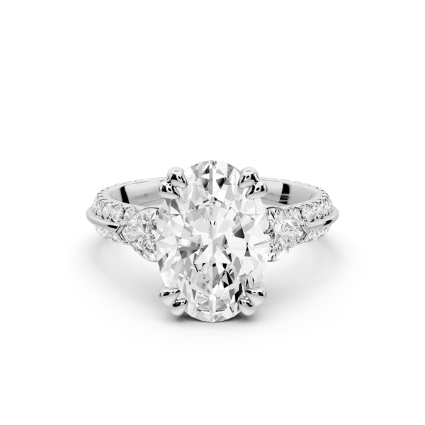Elinor - 3ct 14k white gold oval diamond Double talon prongs with two heart side stones and rollover pavé engagement ring