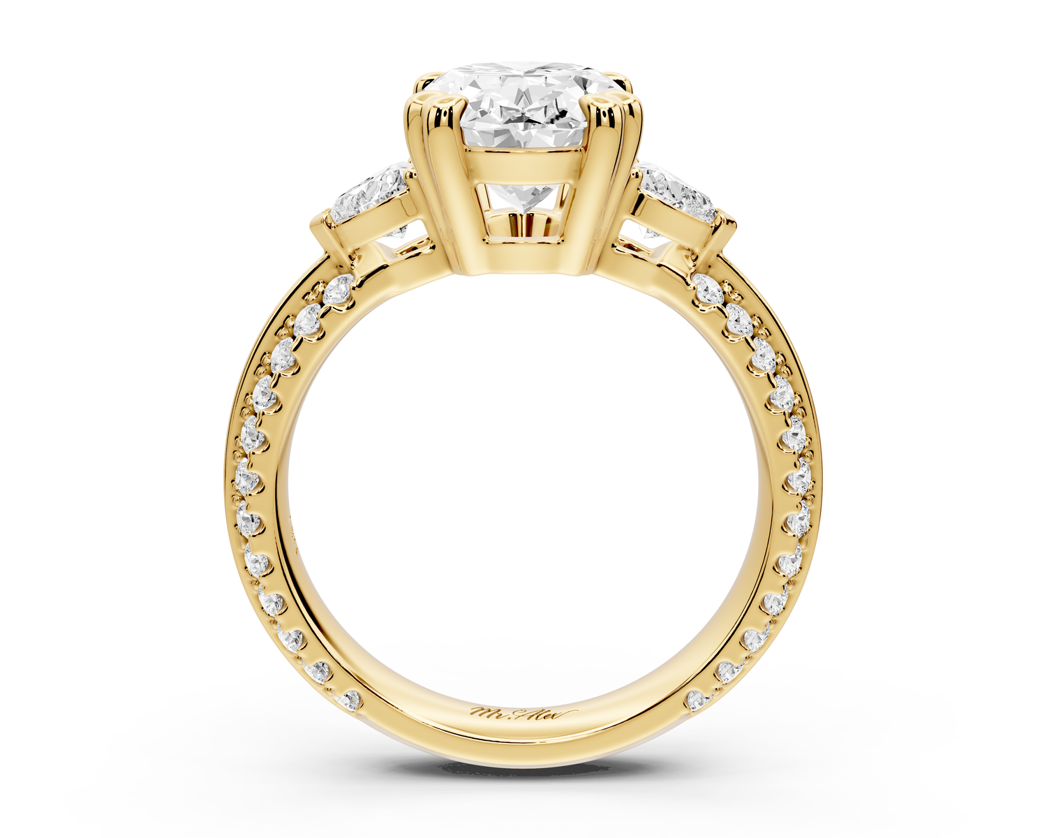 Elinor - 3ct 14k yellow gold oval diamond Double talon prongs with two heart side stones and rollover pavé engagement ring