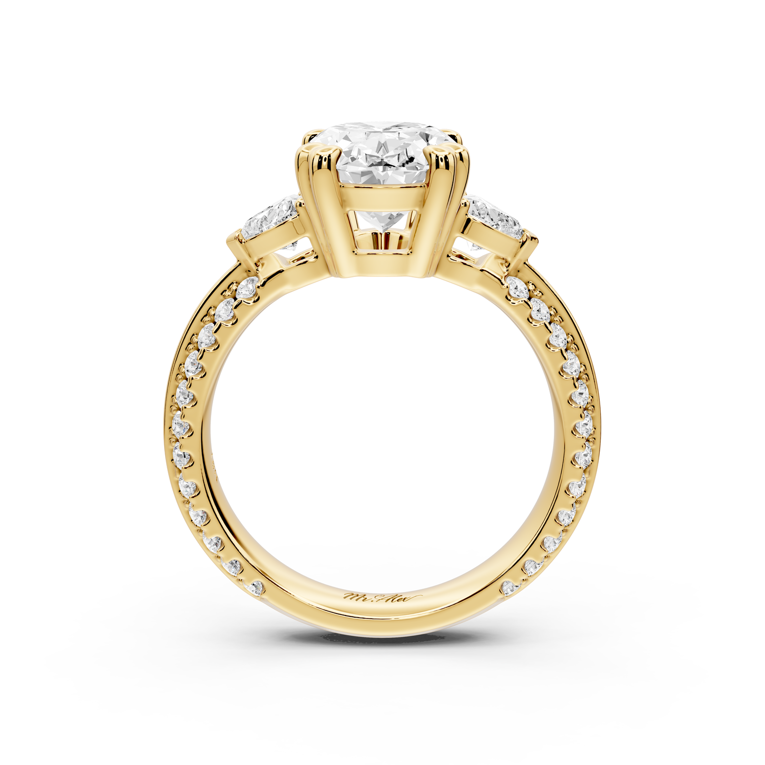Elinor - 3ct 14k yellow gold oval diamond Double talon prongs with two heart side stones and rollover pavé engagement ring
